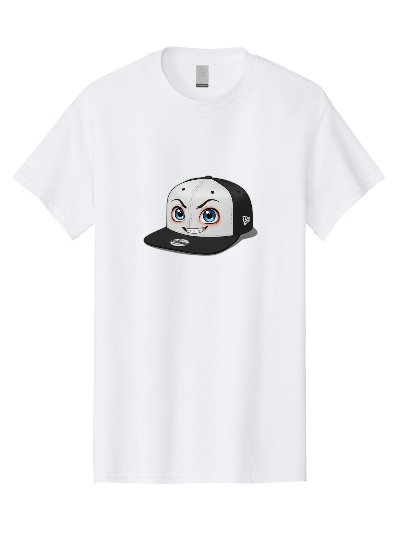 New-Era-Cap-2 Men'S Graphic Tee, 100% Cotton, Comfortable Casual Summer Wear, Machine Washable, Black And White Baseball Cap, Cartoon-Style Face On Front, Blue Eyes, Eyebrows, Smile, New Era Logo On Side, Trendy Accessories, Bad367
