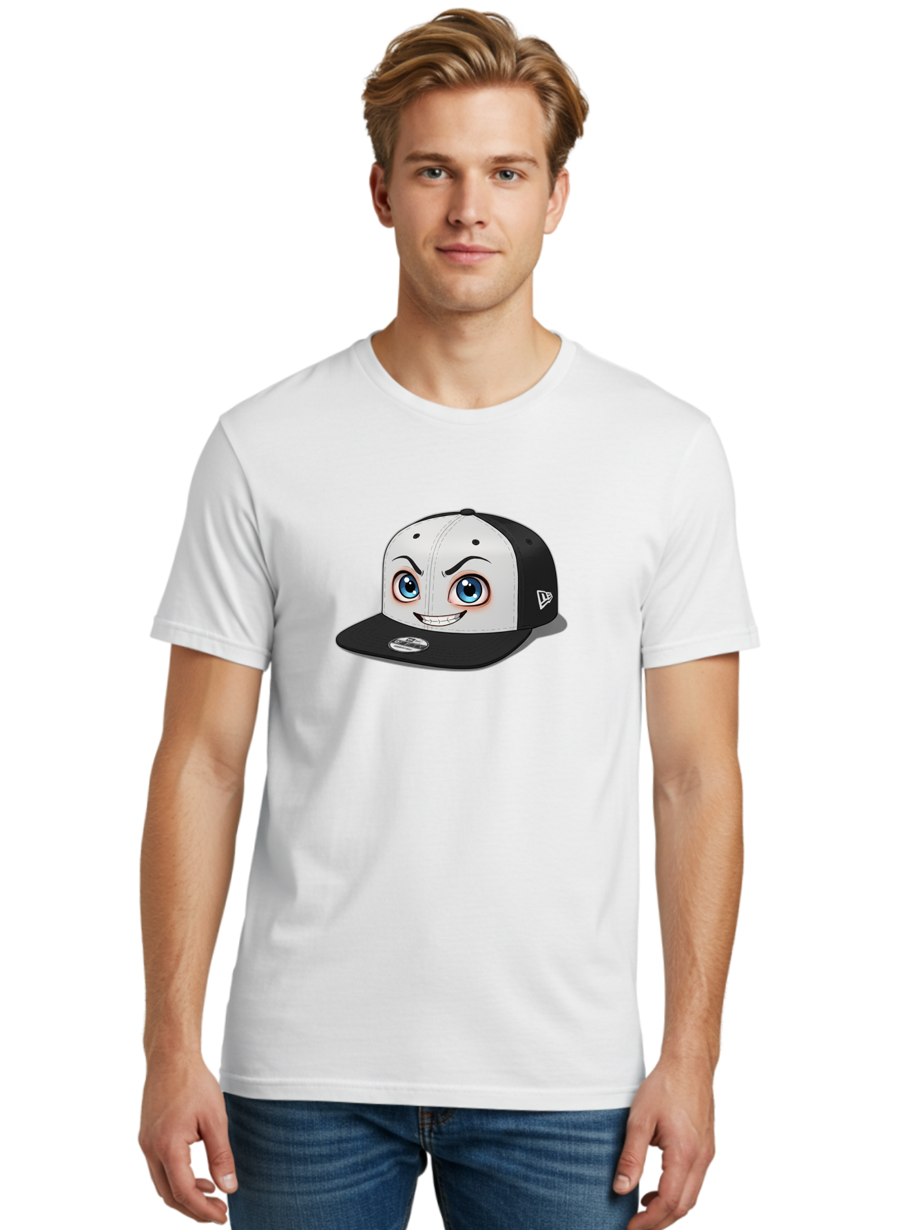 New-Era-Cap-2 Men'S Graphic Tee, 100% Cotton, Comfortable Casual Summer Wear, Machine Washable, Black And White Baseball Cap, Cartoon-Style Face On Front, Blue Eyes, Eyebrows, Smile, New Era Logo On Side, Trendy Accessories, Bad367