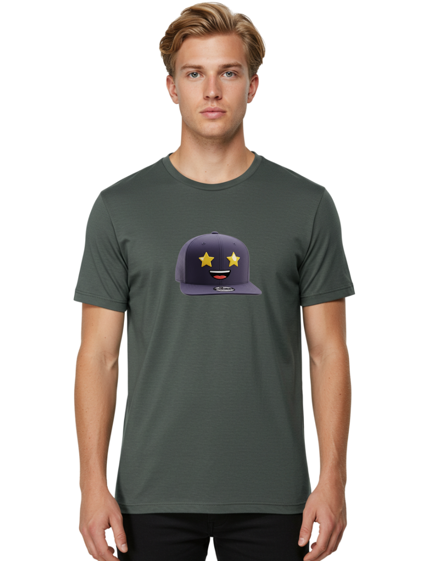 New-Era-Cap Men'S Graphic Tee, 100% Cotton, Comfortable Casual Summer Wear, Machine Washable, Baseball Cap, Emoji Face, Star Eyes, Smiling Mouth, Streetwear Fashion, Casual Style, Sports Headwear, Logo Sticker Bad368