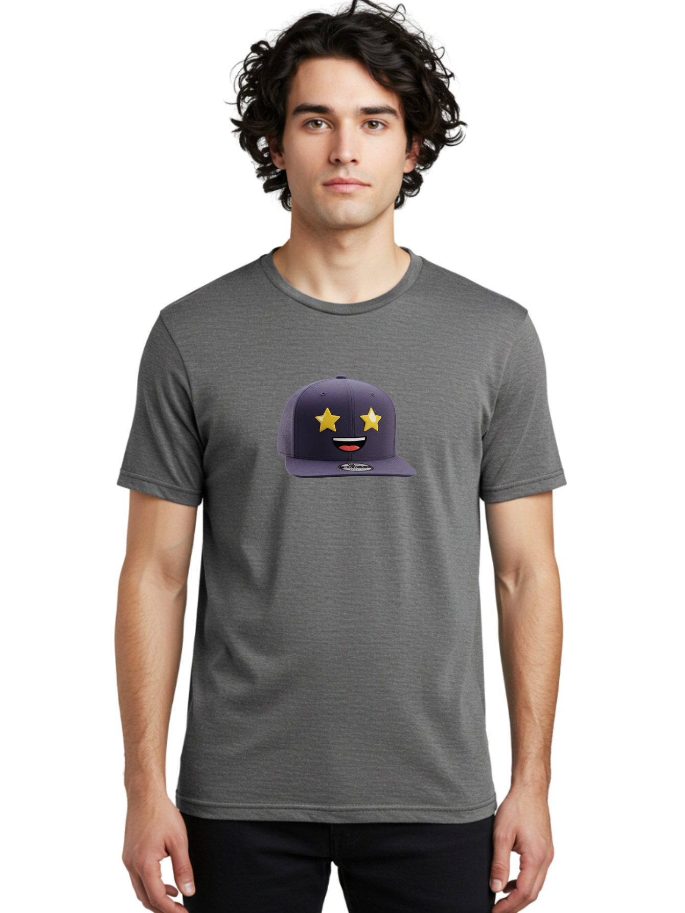 New-Era-Cap Men'S Graphic Tee, 100% Cotton, Comfortable Casual Summer Wear, Machine Washable, Baseball Cap, Emoji Face, Star Eyes, Smiling Mouth, Streetwear Fashion, Casual Style, Sports Headwear, Logo Sticker Bad368