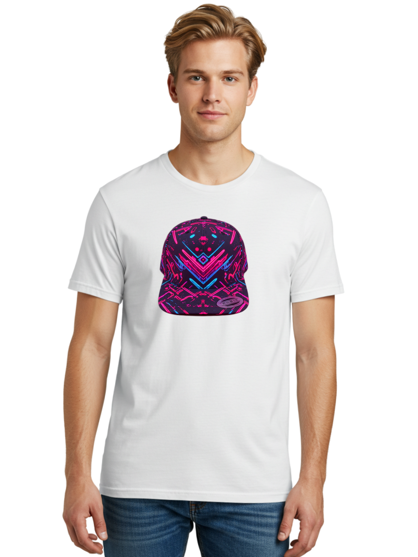 New-Era-Neon-Baseball-Cap Men'S Graphic Tee, 100% Cotton, Comfortable Casual Summer Wear, Machine Washable, Neon Pink And Blue Circuit Pattern, Futuristic Hat, Neon-Lit Design, Trendy Headwear, Streetwear Fashion, Bold Graphics Bad369