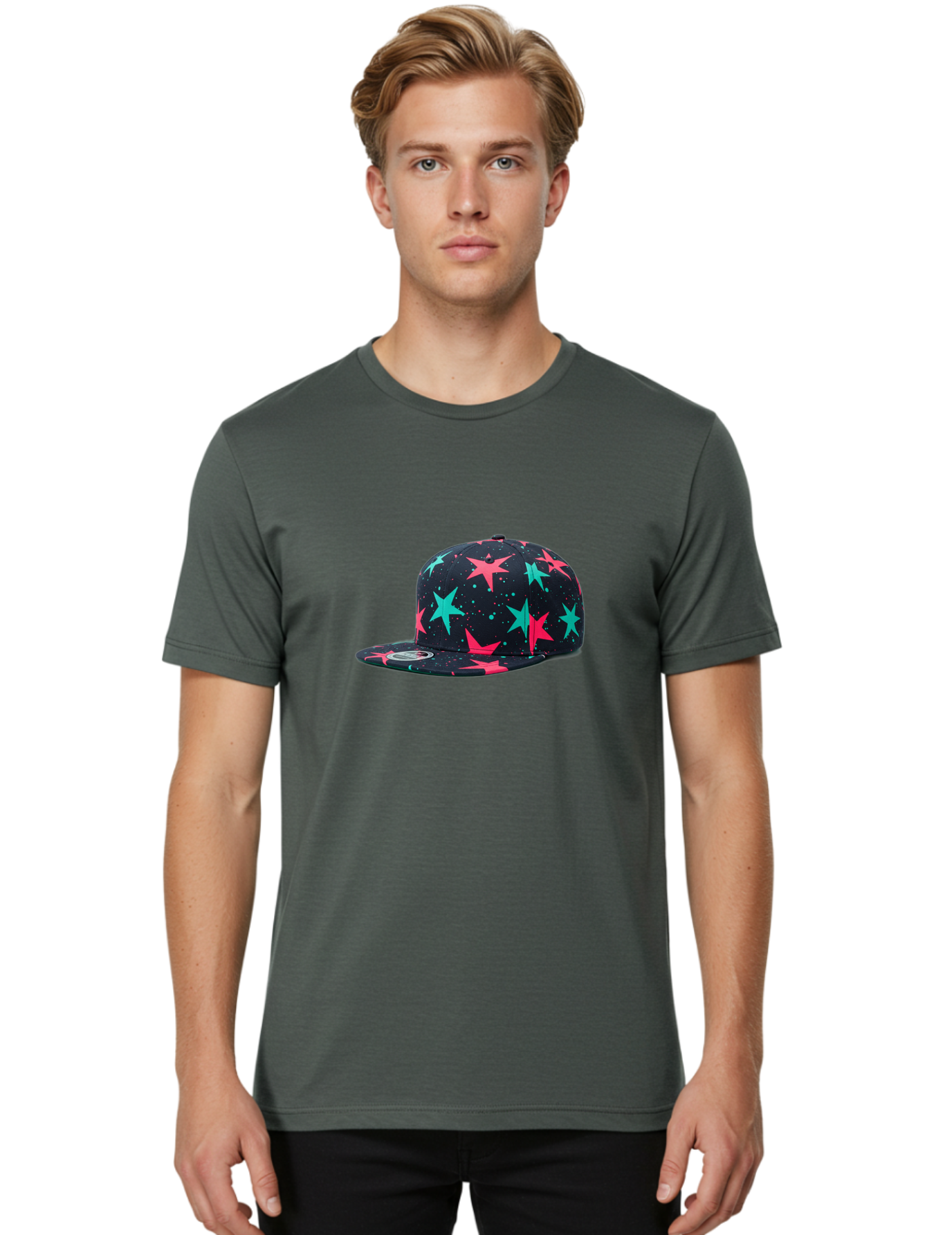 New-Era-Star-Snapback Men'S Graphic Tee, 100% Cotton, Comfortable Casual Summer Wear, Machine Washable, Baseball Cap, Snapback Hat, Star Pattern, Neon Colors, Pink Stars, Blue Stars, New Era Logo, Streetwear Fashion, Trendy Accessories, Bad371