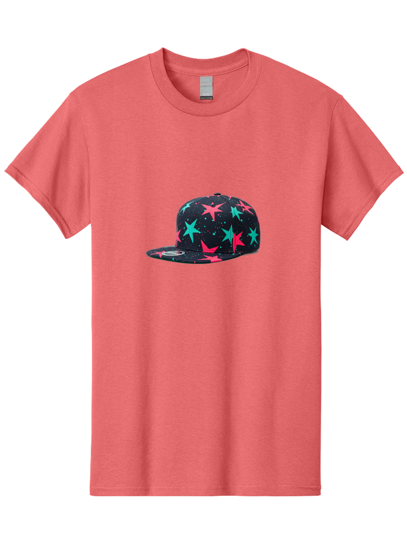New-Era-Star-Snapback Men'S Graphic Tee, 100% Cotton, Comfortable Casual Summer Wear, Machine Washable, Baseball Cap, Snapback Hat, Star Pattern, Neon Colors, Pink Stars, Blue Stars, New Era Logo, Streetwear Fashion, Trendy Accessories, Bad371