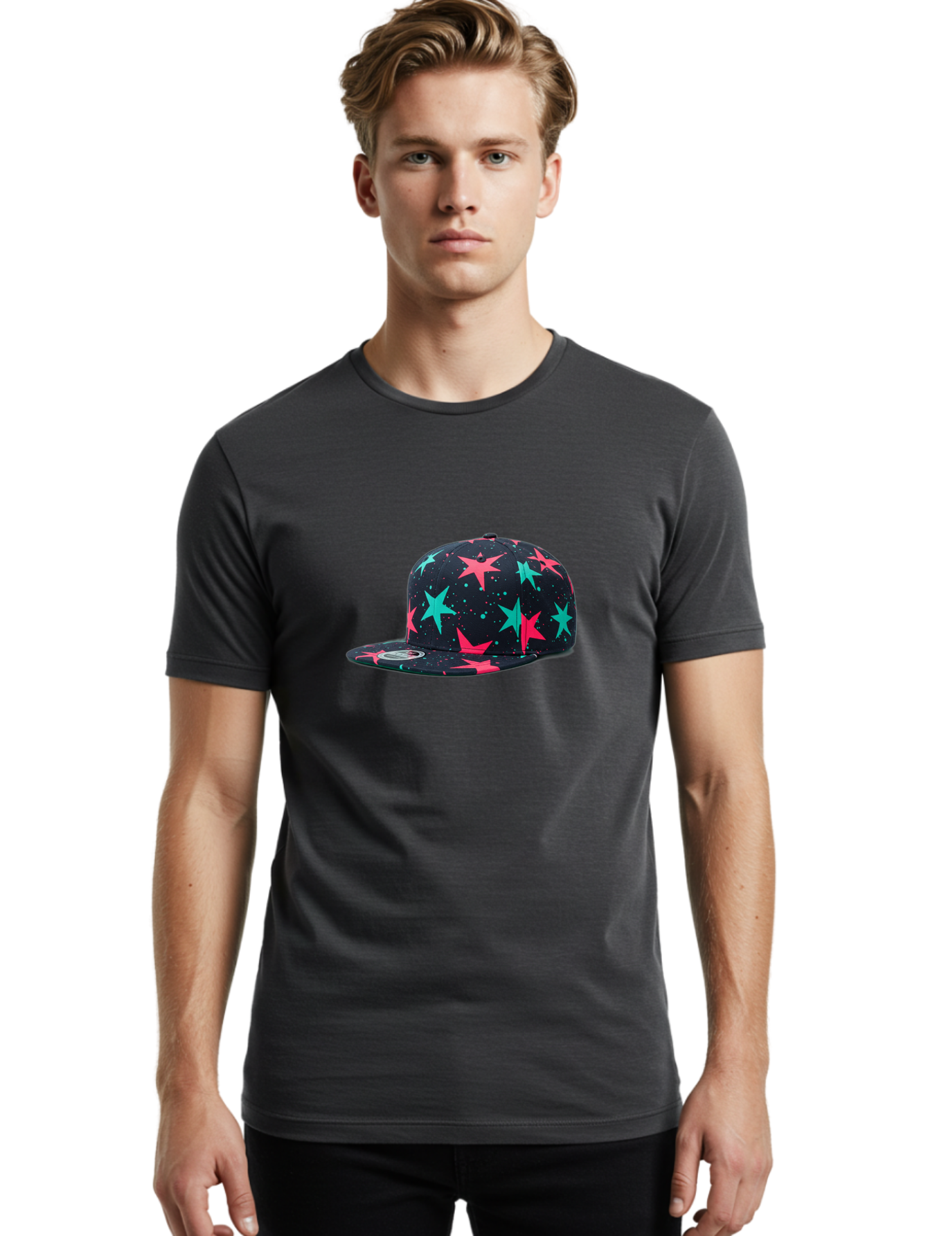 New-Era-Star-Snapback Men'S Graphic Tee, 100% Cotton, Comfortable Casual Summer Wear, Machine Washable, Baseball Cap, Snapback Hat, Star Pattern, Neon Colors, Pink Stars, Blue Stars, New Era Logo, Streetwear Fashion, Trendy Accessories, Bad371