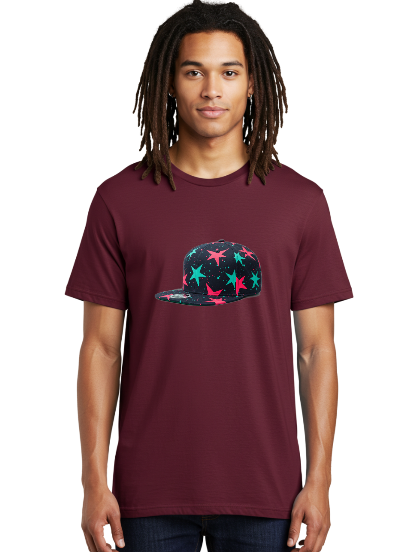 New-Era-Star-Snapback Men'S Graphic Tee, 100% Cotton, Comfortable Casual Summer Wear, Machine Washable, Baseball Cap, Snapback Hat, Star Pattern, Neon Colors, Pink Stars, Blue Stars, New Era Logo, Streetwear Fashion, Trendy Accessories, Bad371
