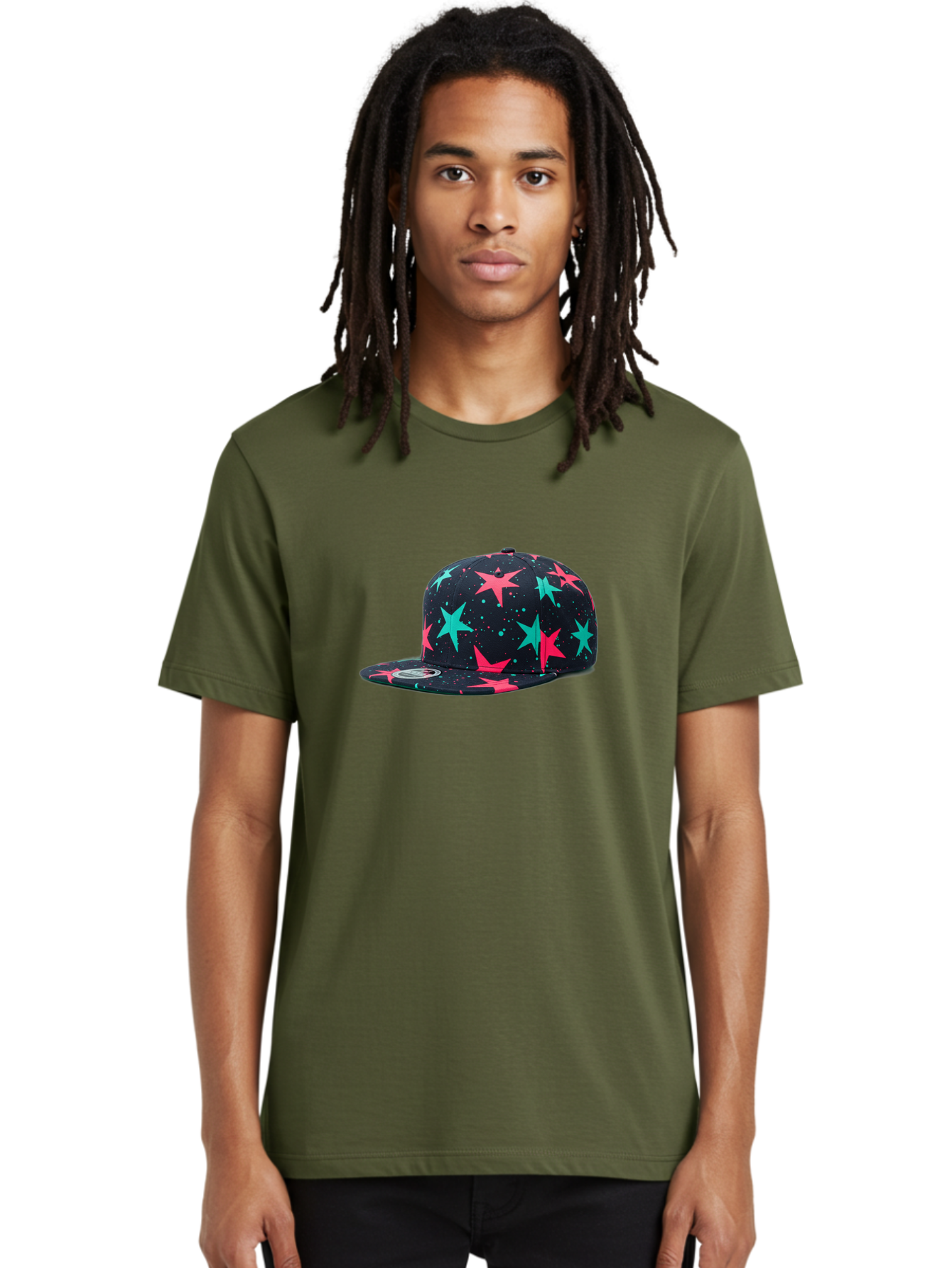 New-Era-Star-Snapback Men'S Graphic Tee, 100% Cotton, Comfortable Casual Summer Wear, Machine Washable, Baseball Cap, Snapback Hat, Star Pattern, Neon Colors, Pink Stars, Blue Stars, New Era Logo, Streetwear Fashion, Trendy Accessories, Bad371