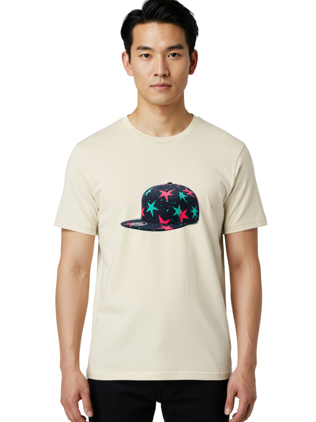 New-Era-Star-Snapback Men'S Graphic Tee, 100% Cotton, Comfortable Casual Summer Wear, Machine Washable, Baseball Cap, Snapback Hat, Star Pattern, Neon Colors, Pink Stars, Blue Stars, New Era Logo, Streetwear Fashion, Trendy Accessories, Bad371
