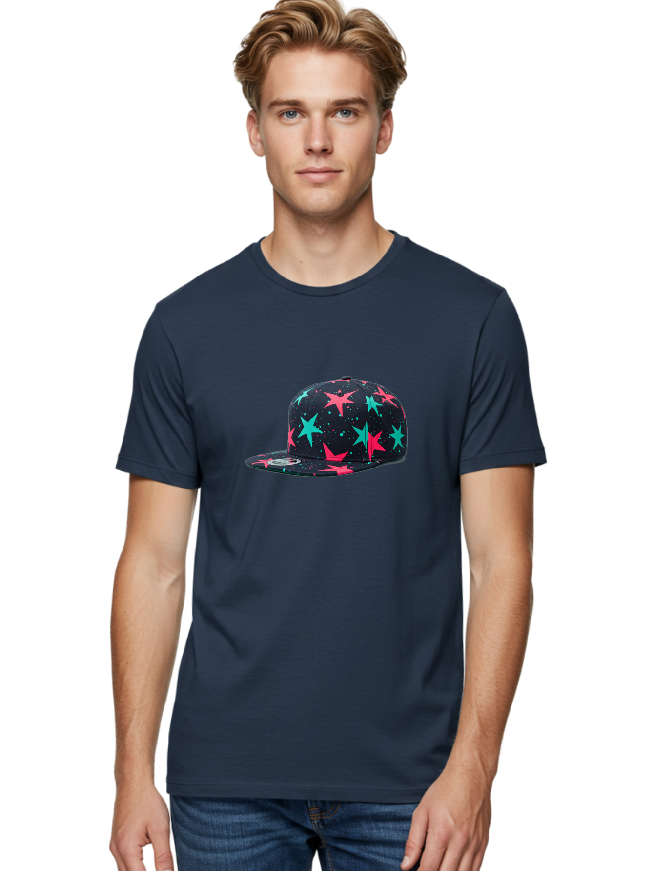 New-Era-Star-Snapback Men'S Graphic Tee, 100% Cotton, Comfortable Casual Summer Wear, Machine Washable, Baseball Cap, Snapback Hat, Star Pattern, Neon Colors, Pink Stars, Blue Stars, New Era Logo, Streetwear Fashion, Trendy Accessories, Bad371