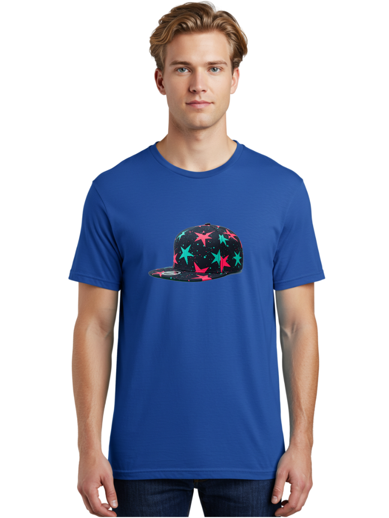 New-Era-Star-Snapback Men'S Graphic Tee, 100% Cotton, Comfortable Casual Summer Wear, Machine Washable, Baseball Cap, Snapback Hat, Star Pattern, Neon Colors, Pink Stars, Blue Stars, New Era Logo, Streetwear Fashion, Trendy Accessories, Bad371