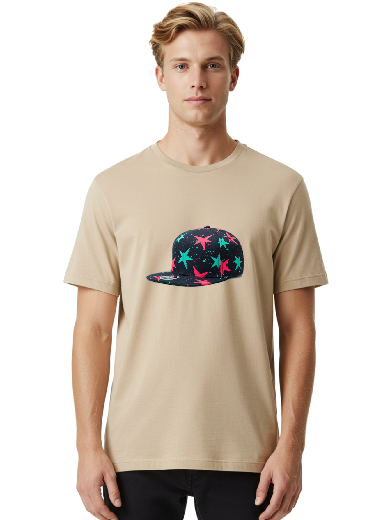 New-Era-Star-Snapback Men'S Graphic Tee, 100% Cotton, Comfortable Casual Summer Wear, Machine Washable, Baseball Cap, Snapback Hat, Star Pattern, Neon Colors, Pink Stars, Blue Stars, New Era Logo, Streetwear Fashion, Trendy Accessories, Bad371