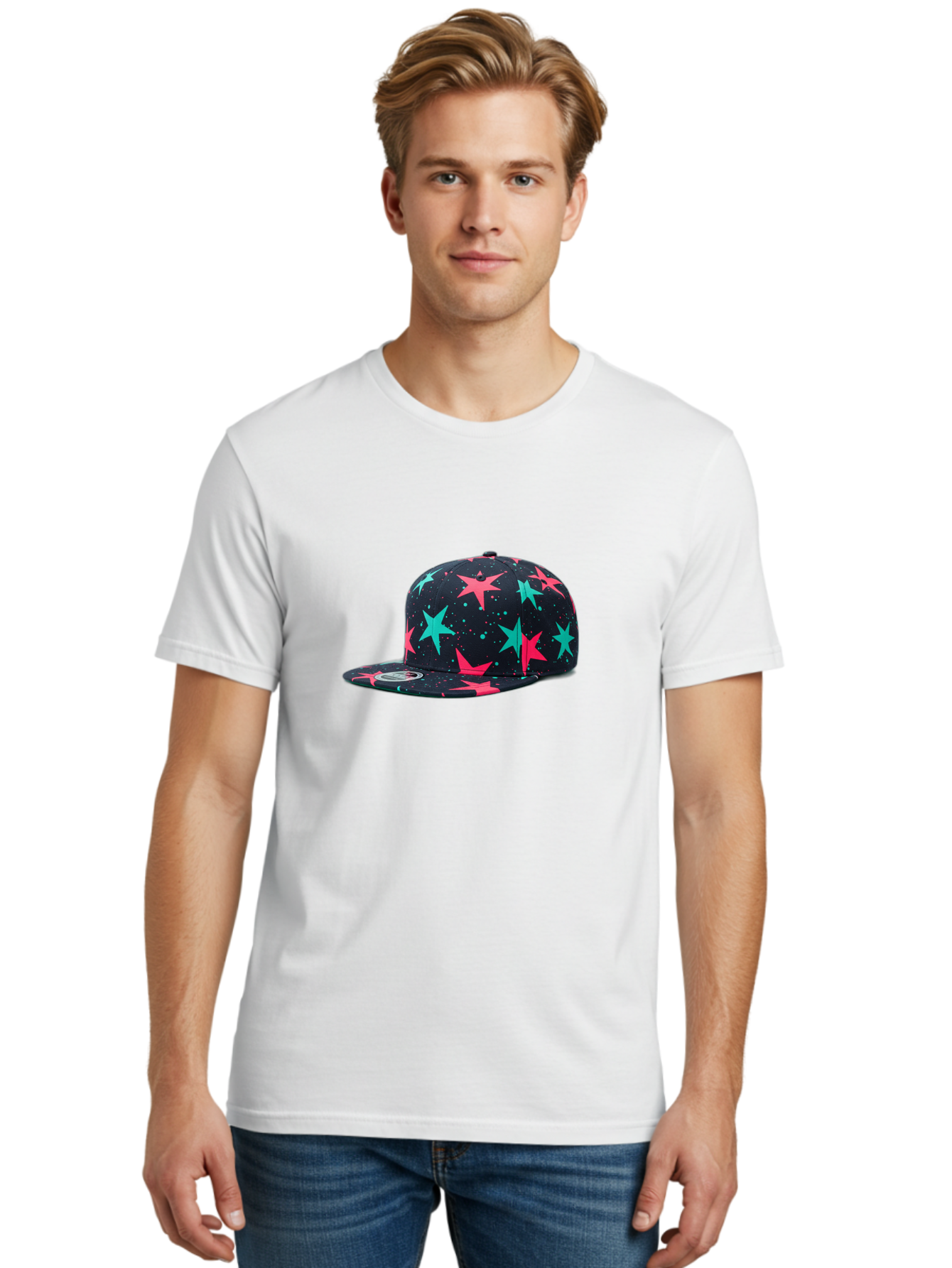 New-Era-Star-Snapback Men'S Graphic Tee, 100% Cotton, Comfortable Casual Summer Wear, Machine Washable, Baseball Cap, Snapback Hat, Star Pattern, Neon Colors, Pink Stars, Blue Stars, New Era Logo, Streetwear Fashion, Trendy Accessories, Bad371