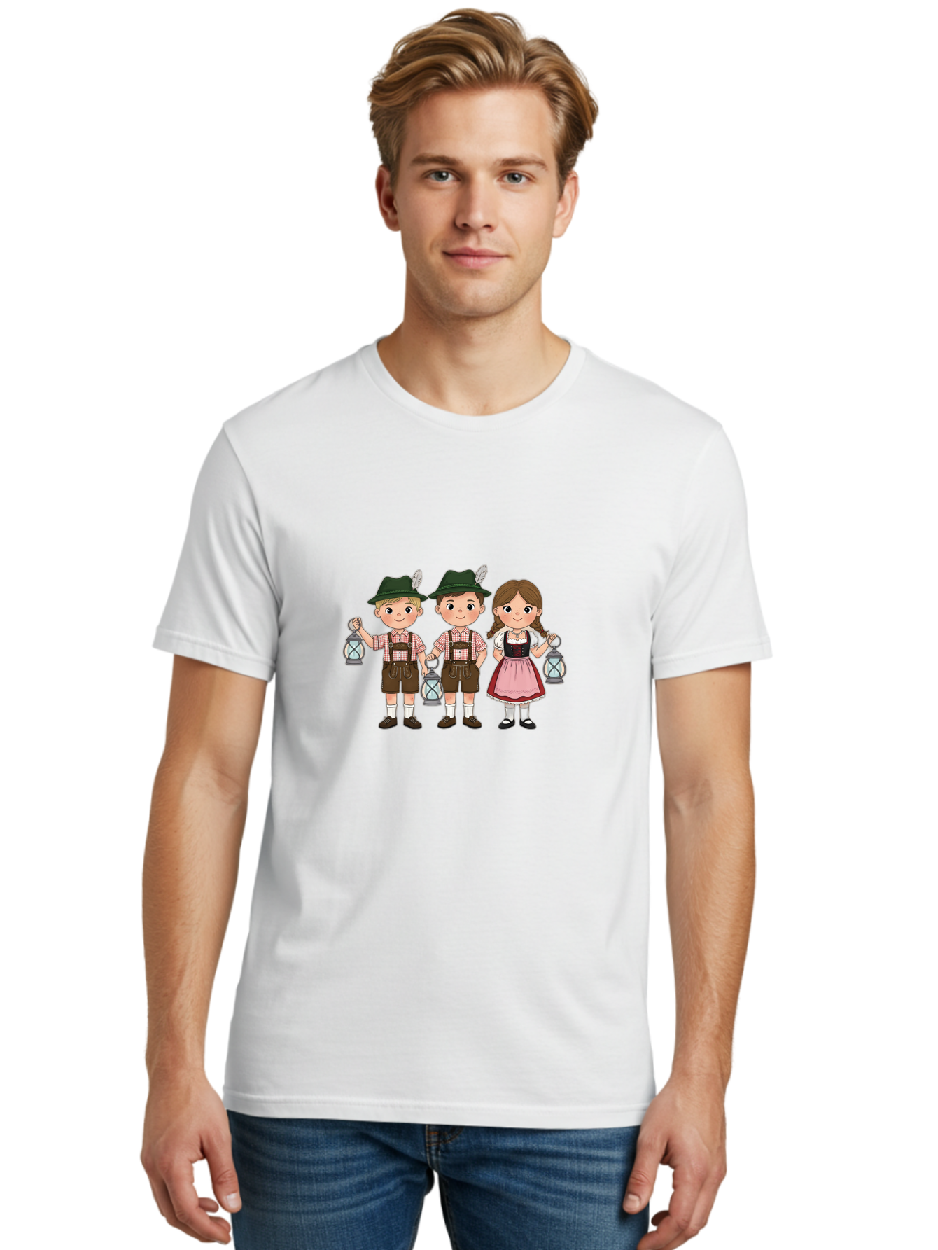 Oktoberfest-Children Men'S Graphic Tee, 100% Cotton, Comfortable Casual Summer Wear, Machine Washable, Children In Traditional Bavarian Attire, Lederhosen, Dirndl Dress, Festive Clothing, Holding Lanterns, Oktoberfest Celebration, Bad380
