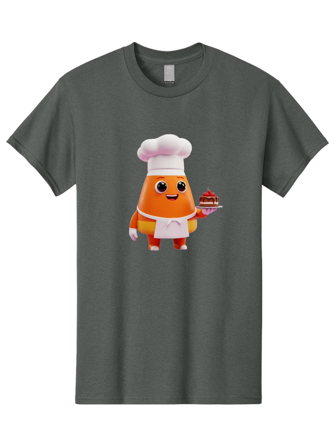 Orange-Character-With-Cake Men'S Graphic Tee, 100% Cotton, Comfortable Casual Summer Wear, Machine Washable, Cartoon Egg Yolk Chef, Chef Hat, Apron, Chocolate Cake, Red Cherries, Culinary Delight, Baking, Sweet Treats, Dessert, Bad384