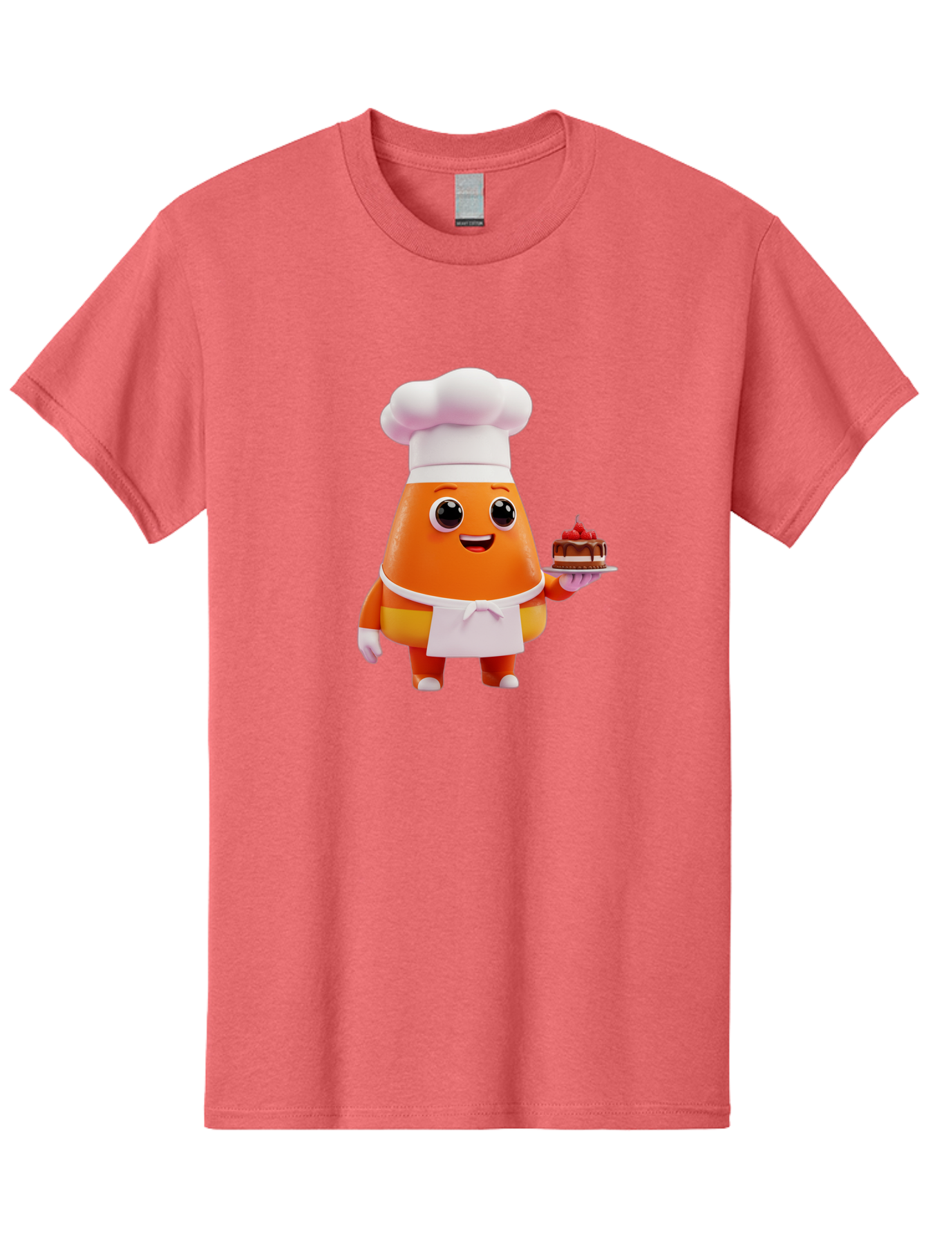 Orange-Character-With-Cake Men'S Graphic Tee, 100% Cotton, Comfortable Casual Summer Wear, Machine Washable, Cartoon Egg Yolk Chef, Chef Hat, Apron, Chocolate Cake, Red Cherries, Culinary Delight, Baking, Sweet Treats, Dessert, Bad384