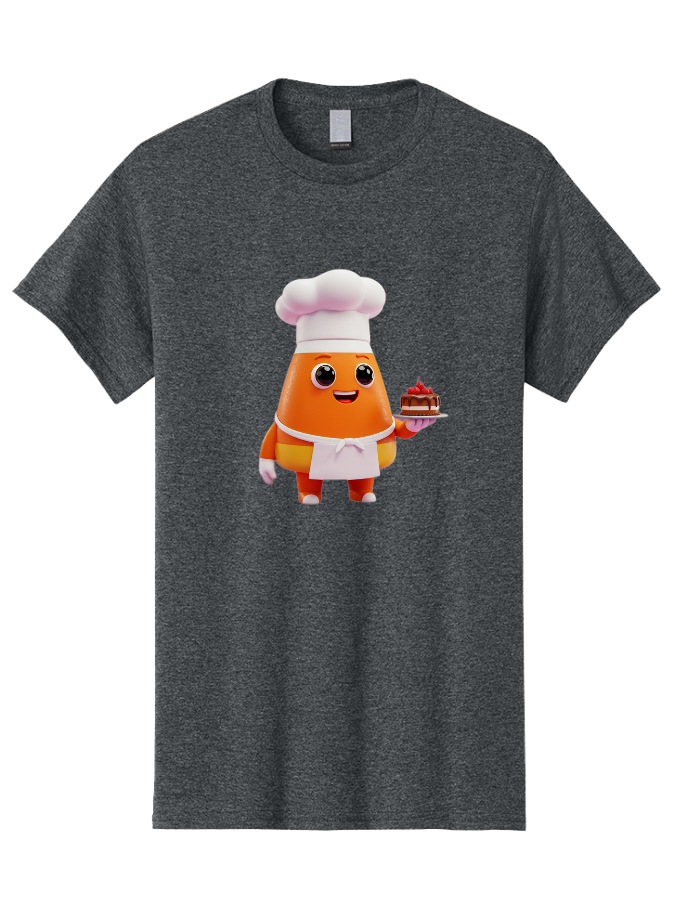 Orange-Character-With-Cake Men'S Graphic Tee, 100% Cotton, Comfortable Casual Summer Wear, Machine Washable, Cartoon Egg Yolk Chef, Chef Hat, Apron, Chocolate Cake, Red Cherries, Culinary Delight, Baking, Sweet Treats, Dessert, Bad384