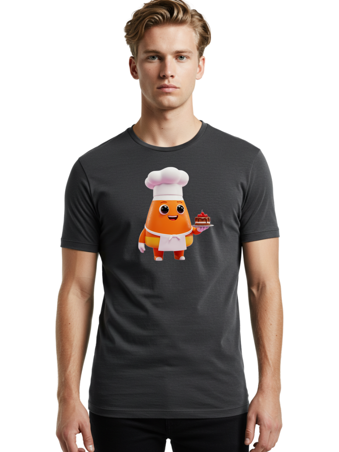 Orange-Character-With-Cake Men'S Graphic Tee, 100% Cotton, Comfortable Casual Summer Wear, Machine Washable, Cartoon Egg Yolk Chef, Chef Hat, Apron, Chocolate Cake, Red Cherries, Culinary Delight, Baking, Sweet Treats, Dessert, Bad384
