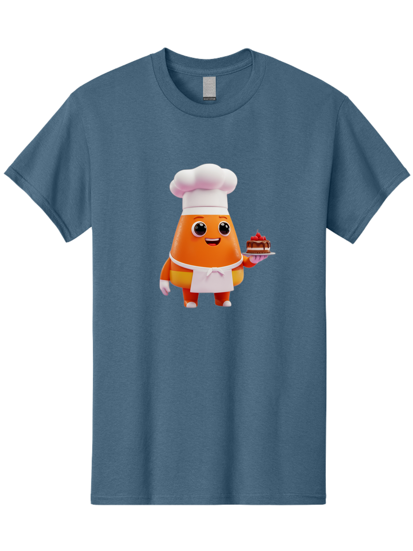 Orange-Character-With-Cake Men'S Graphic Tee, 100% Cotton, Comfortable Casual Summer Wear, Machine Washable, Cartoon Egg Yolk Chef, Chef Hat, Apron, Chocolate Cake, Red Cherries, Culinary Delight, Baking, Sweet Treats, Dessert, Bad384