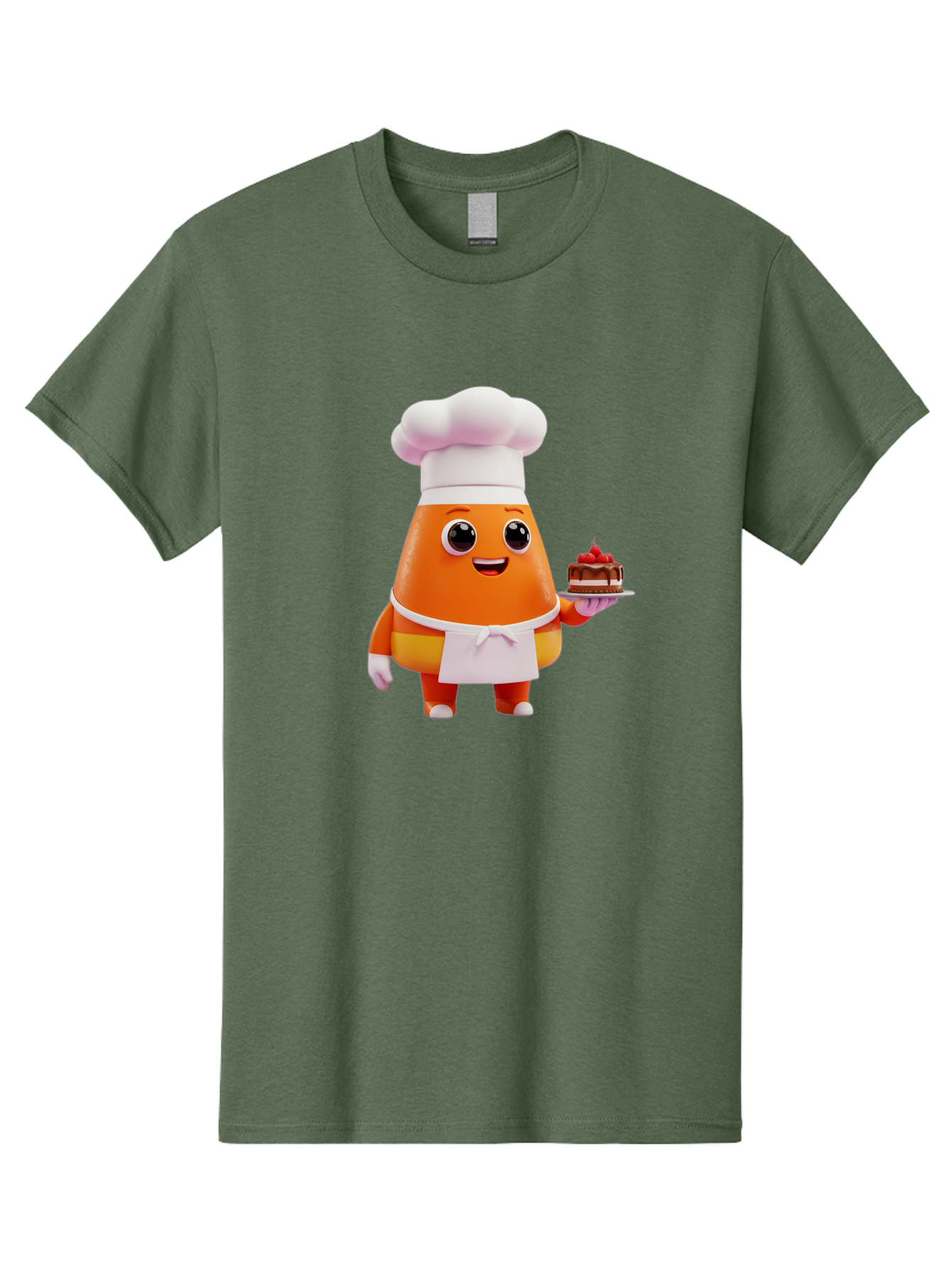 Orange-Character-With-Cake Men'S Graphic Tee, 100% Cotton, Comfortable Casual Summer Wear, Machine Washable, Cartoon Egg Yolk Chef, Chef Hat, Apron, Chocolate Cake, Red Cherries, Culinary Delight, Baking, Sweet Treats, Dessert, Bad384