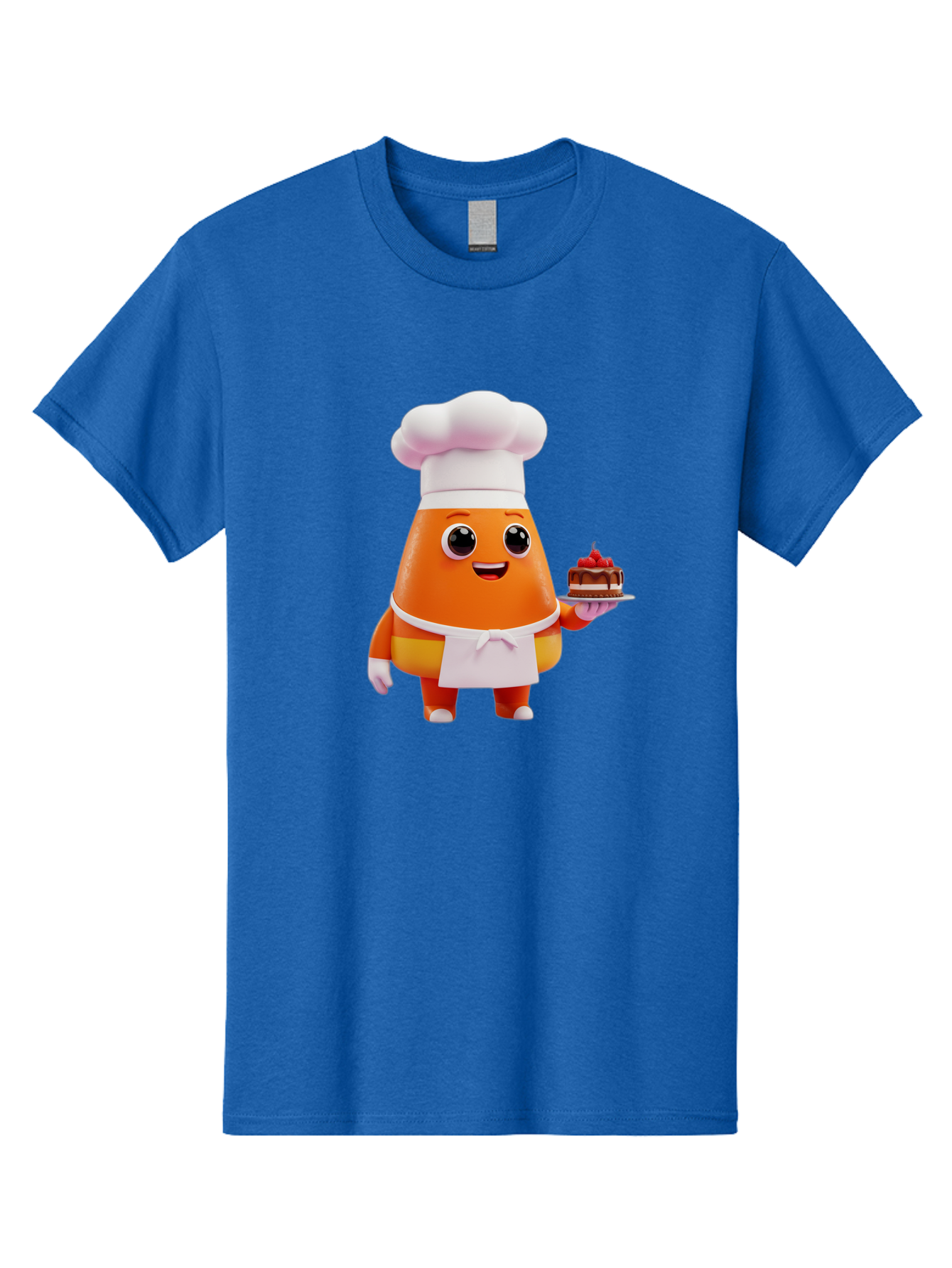 Orange-Character-With-Cake Men'S Graphic Tee, 100% Cotton, Comfortable Casual Summer Wear, Machine Washable, Cartoon Egg Yolk Chef, Chef Hat, Apron, Chocolate Cake, Red Cherries, Culinary Delight, Baking, Sweet Treats, Dessert, Bad384