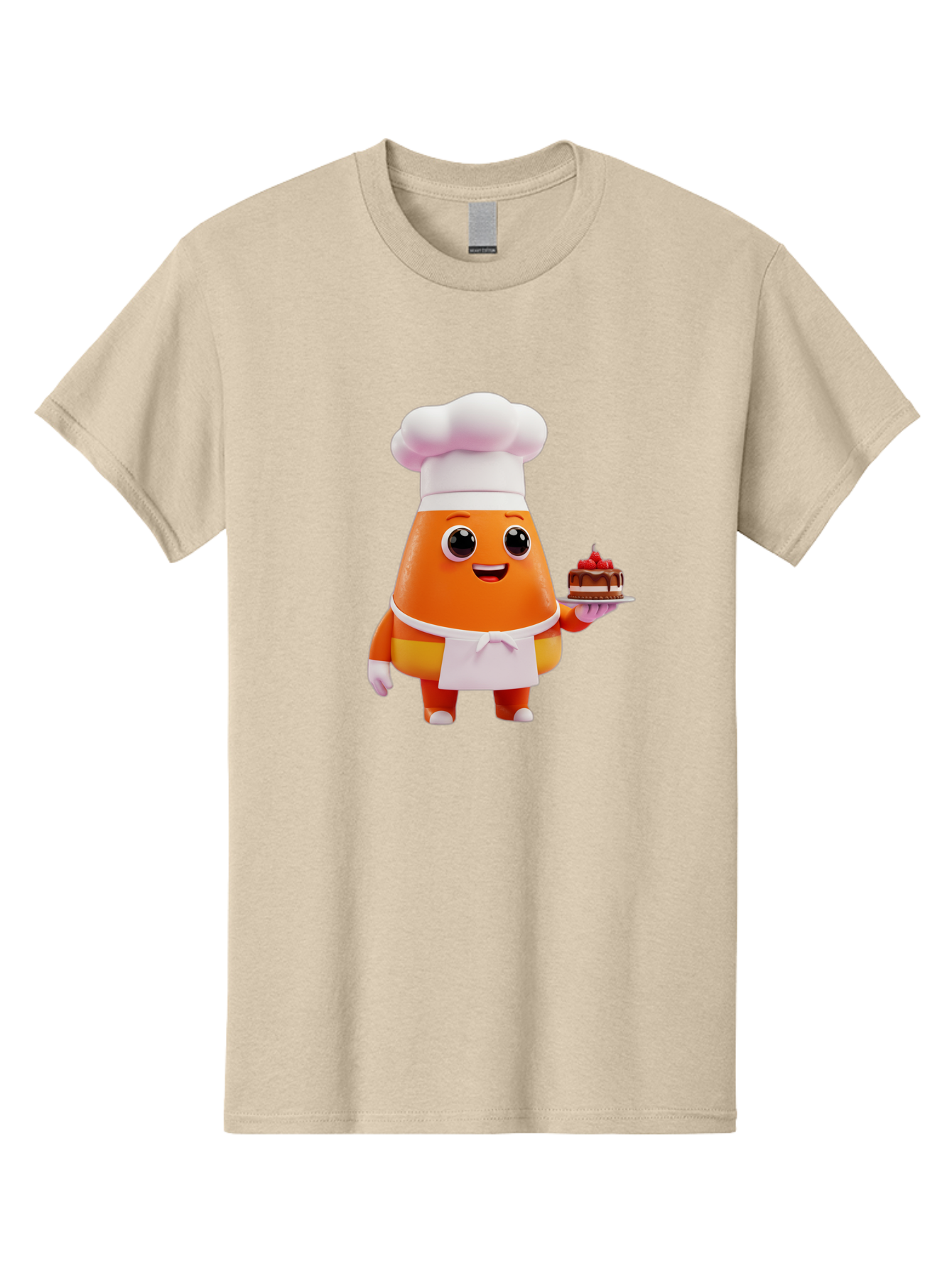 Orange-Character-With-Cake Men'S Graphic Tee, 100% Cotton, Comfortable Casual Summer Wear, Machine Washable, Cartoon Egg Yolk Chef, Chef Hat, Apron, Chocolate Cake, Red Cherries, Culinary Delight, Baking, Sweet Treats, Dessert, Bad384