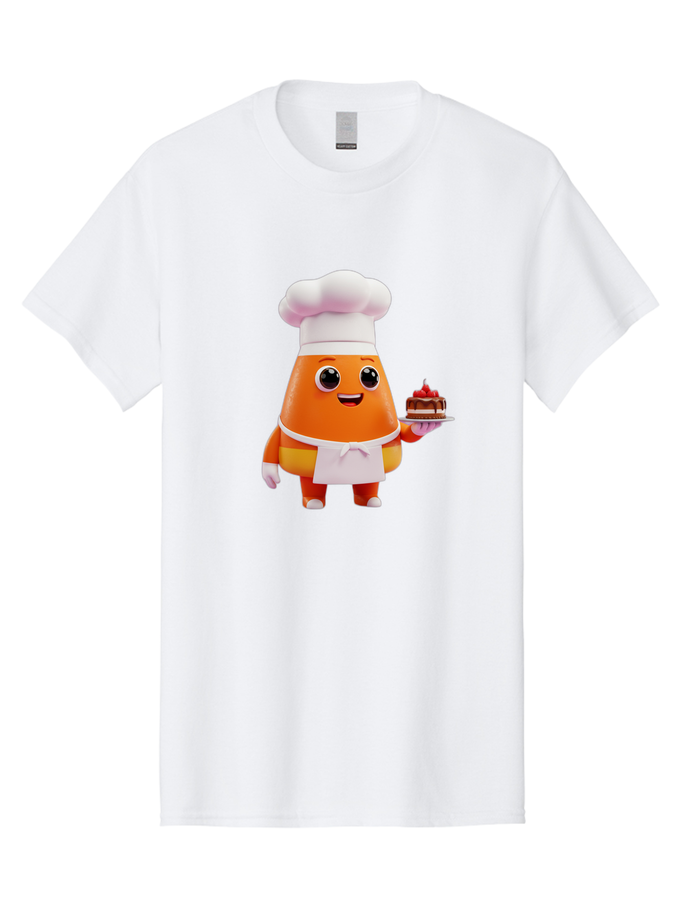 Orange-Character-With-Cake Men'S Graphic Tee, 100% Cotton, Comfortable Casual Summer Wear, Machine Washable, Cartoon Egg Yolk Chef, Chef Hat, Apron, Chocolate Cake, Red Cherries, Culinary Delight, Baking, Sweet Treats, Dessert, Bad384