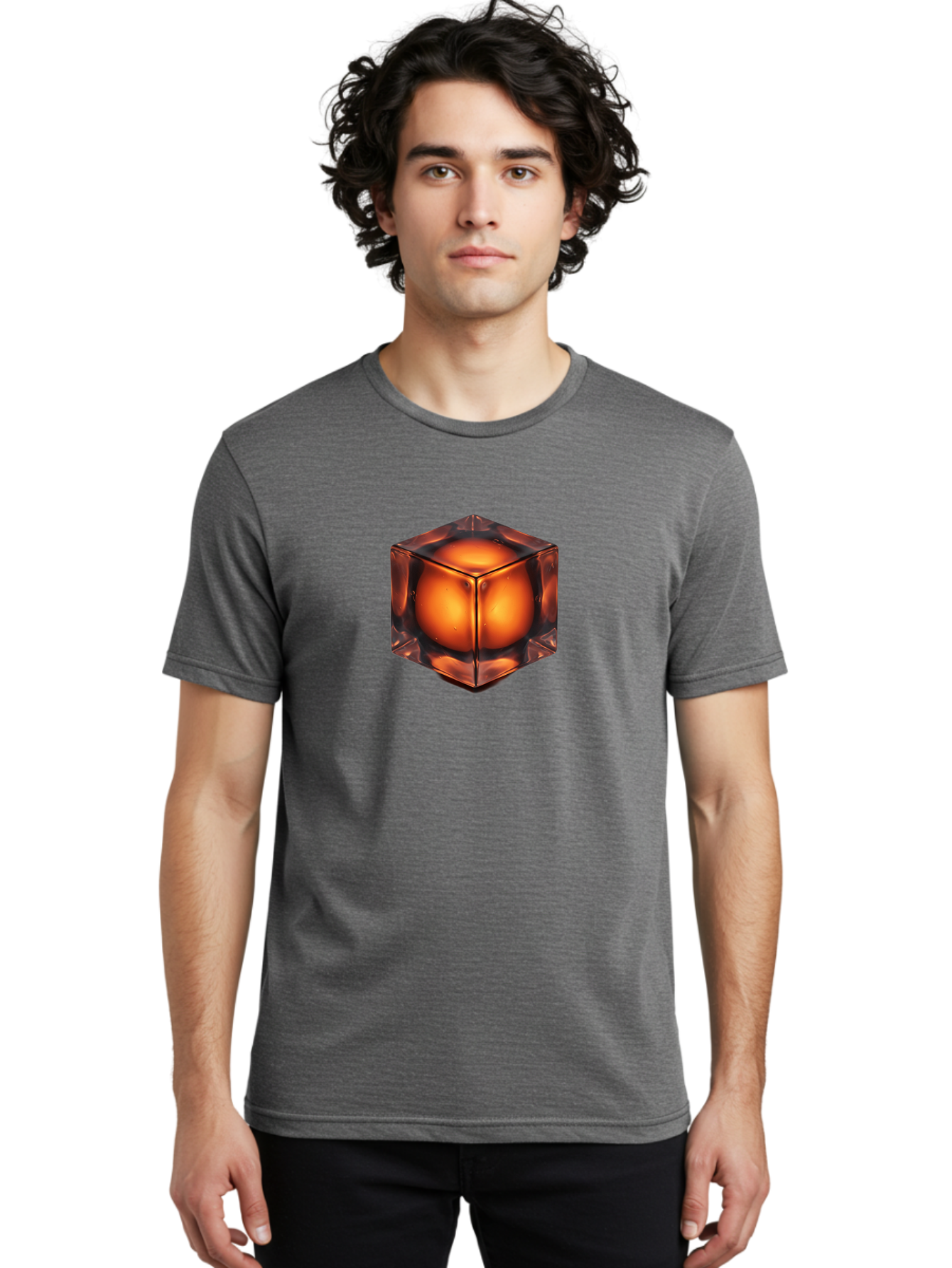 Orange-Cube Men'S Graphic Tee, 100% Cotton, Comfortable Casual Summer Wear, Machine Washable, Glass Cube, Orange Sphere, Transparent Container, Vibrant Orange Glow, Futuristic Design, Minimalist Art, 3D Rendering, Modern Visual Effect, Bad386