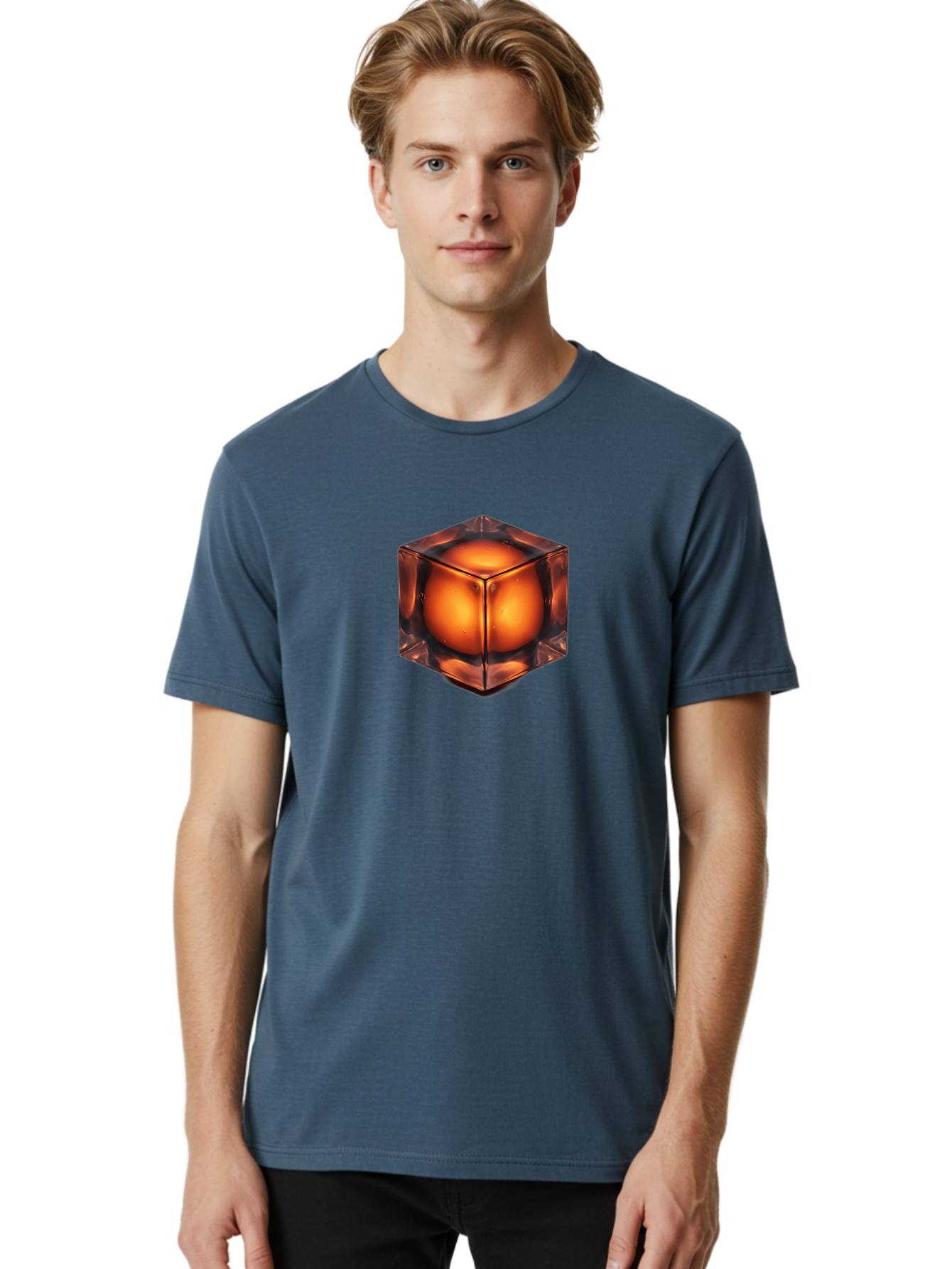 Orange-Cube Men'S Graphic Tee, 100% Cotton, Comfortable Casual Summer Wear, Machine Washable, Glass Cube, Orange Sphere, Transparent Container, Vibrant Orange Glow, Futuristic Design, Minimalist Art, 3D Rendering, Modern Visual Effect, Bad386