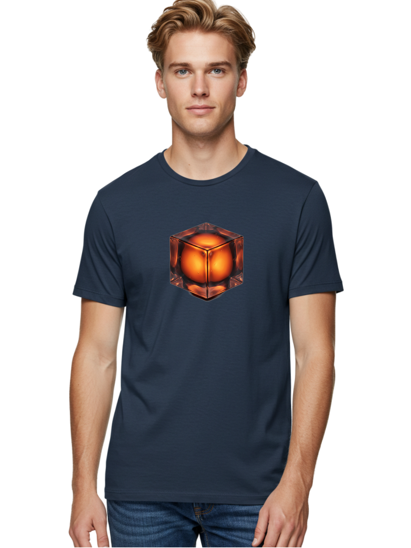 Orange-Cube Men'S Graphic Tee, 100% Cotton, Comfortable Casual Summer Wear, Machine Washable, Glass Cube, Orange Sphere, Transparent Container, Vibrant Orange Glow, Futuristic Design, Minimalist Art, 3D Rendering, Modern Visual Effect, Bad386