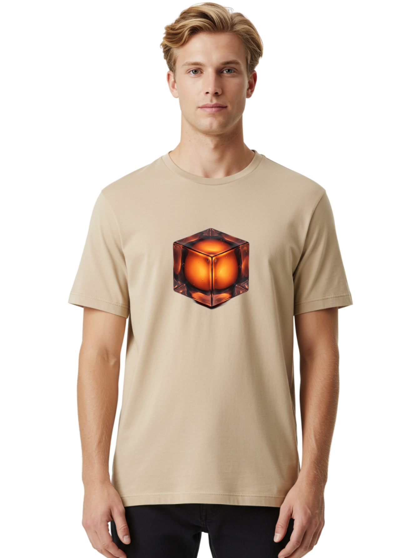 Orange-Cube Men'S Graphic Tee, 100% Cotton, Comfortable Casual Summer Wear, Machine Washable, Glass Cube, Orange Sphere, Transparent Container, Vibrant Orange Glow, Futuristic Design, Minimalist Art, 3D Rendering, Modern Visual Effect, Bad386
