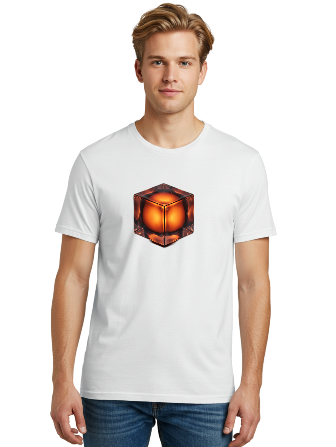 Orange-Cube Men'S Graphic Tee, 100% Cotton, Comfortable Casual Summer Wear, Machine Washable, Glass Cube, Orange Sphere, Transparent Container, Vibrant Orange Glow, Futuristic Design, Minimalist Art, 3D Rendering, Modern Visual Effect, Bad386