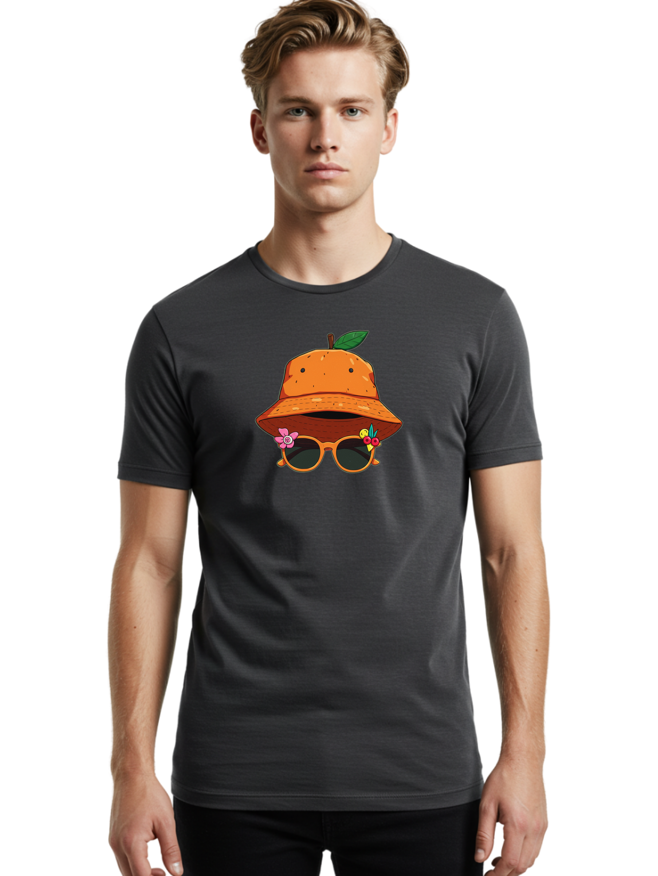 Orange-Hat-Sunglasses Men'S Graphic Tee, 100% Cotton, Comfortable Casual Summer Wear, Machine Washable, Cartoon Orange Character, Orange Bucket Hat, Trendy Sunglasses, Floral Decorations, Playful Vibe, Summer Fashion, Quirky Accessories, Bad387
