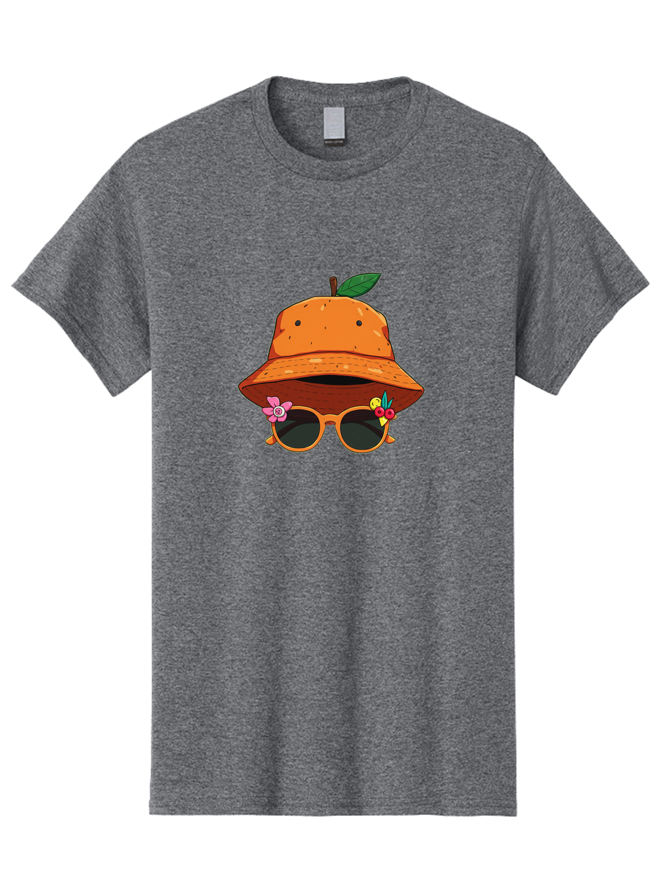 Orange-Hat-Sunglasses Men'S Graphic Tee, 100% Cotton, Comfortable Casual Summer Wear, Machine Washable, Cartoon Orange Character, Orange Bucket Hat, Trendy Sunglasses, Floral Decorations, Playful Vibe, Summer Fashion, Quirky Accessories, Bad387
