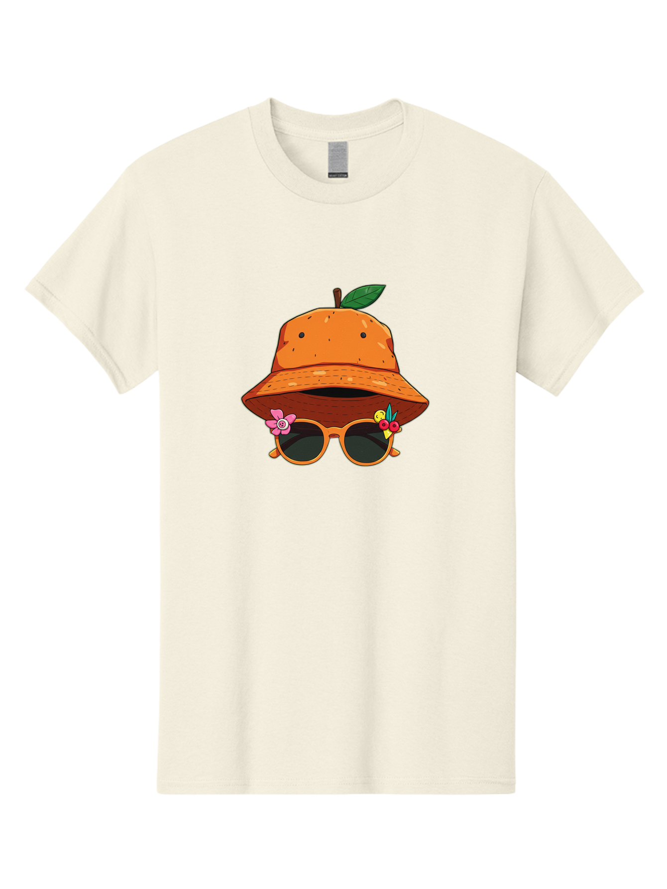 Orange-Hat-Sunglasses Men'S Graphic Tee, 100% Cotton, Comfortable Casual Summer Wear, Machine Washable, Cartoon Orange Character, Orange Bucket Hat, Trendy Sunglasses, Floral Decorations, Playful Vibe, Summer Fashion, Quirky Accessories, Bad387