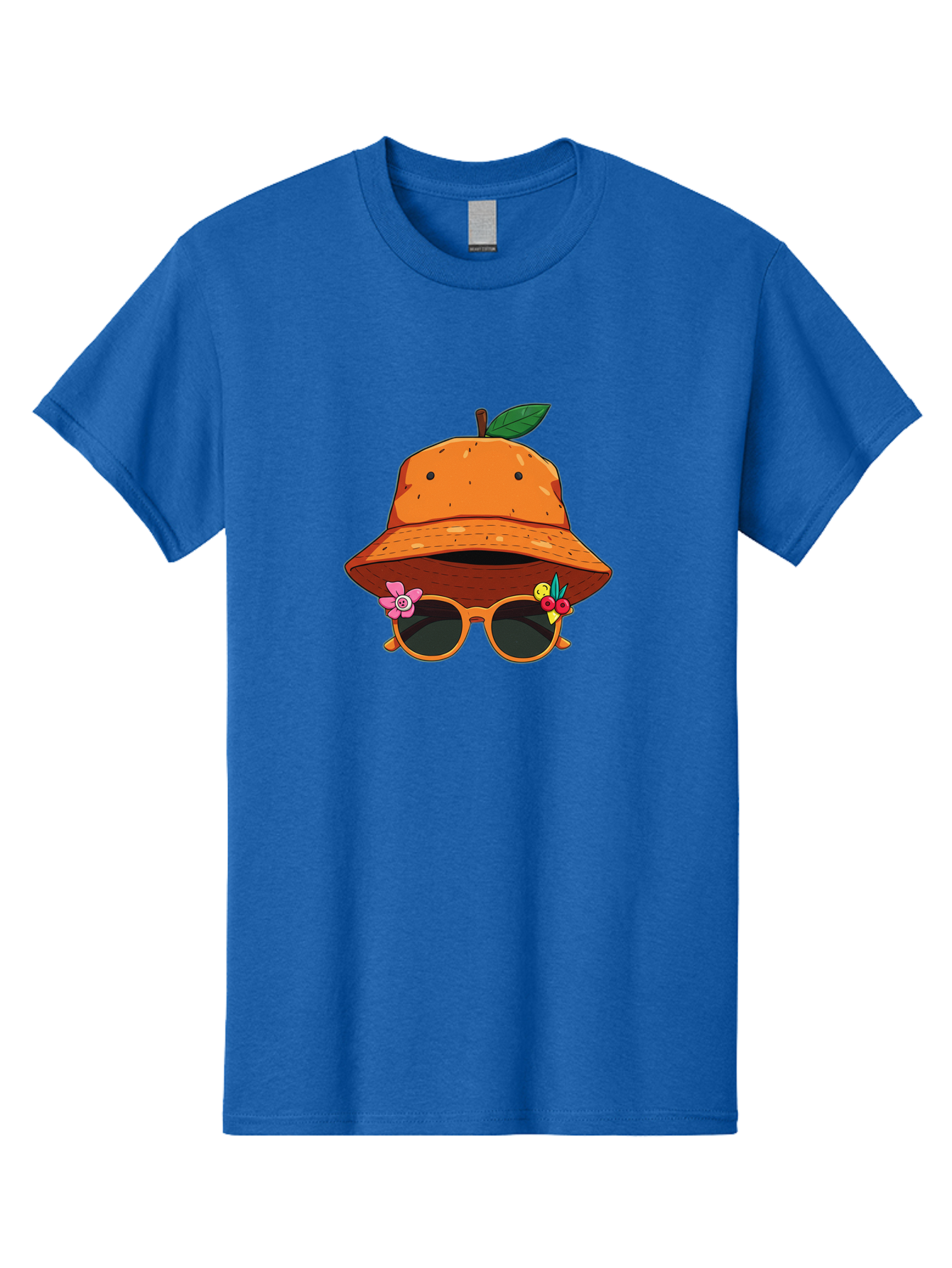 Orange-Hat-Sunglasses Men'S Graphic Tee, 100% Cotton, Comfortable Casual Summer Wear, Machine Washable, Cartoon Orange Character, Orange Bucket Hat, Trendy Sunglasses, Floral Decorations, Playful Vibe, Summer Fashion, Quirky Accessories, Bad387