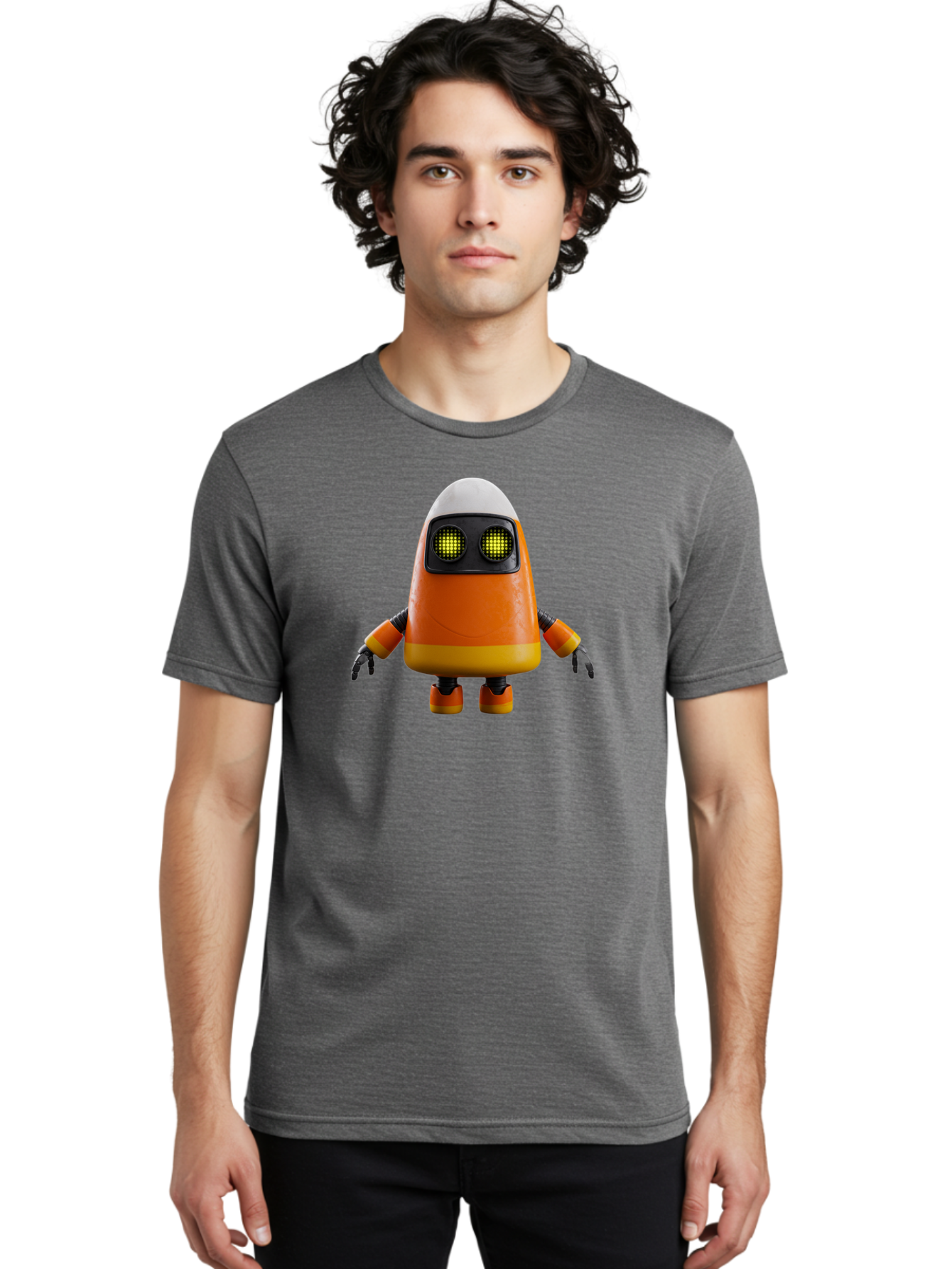 Orange-Robot Men'S Graphic Tee, 100% Cotton, Comfortable Casual Summer Wear, Machine Washable, Orange Robot, Futuristic Design, Robotic Character, Artificial Intelligence, Mechanical Limbs, Glowing Eyes, Digital Artwork, Sci-Fi Theme, Bad388