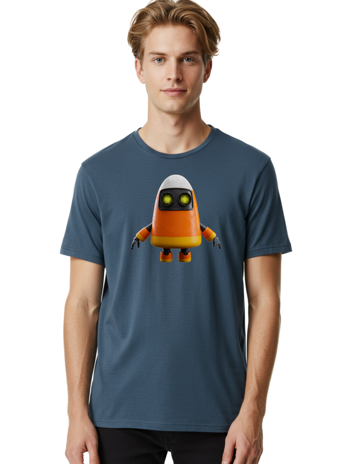 Orange-Robot Men'S Graphic Tee, 100% Cotton, Comfortable Casual Summer Wear, Machine Washable, Orange Robot, Futuristic Design, Robotic Character, Artificial Intelligence, Mechanical Limbs, Glowing Eyes, Digital Artwork, Sci-Fi Theme, Bad388