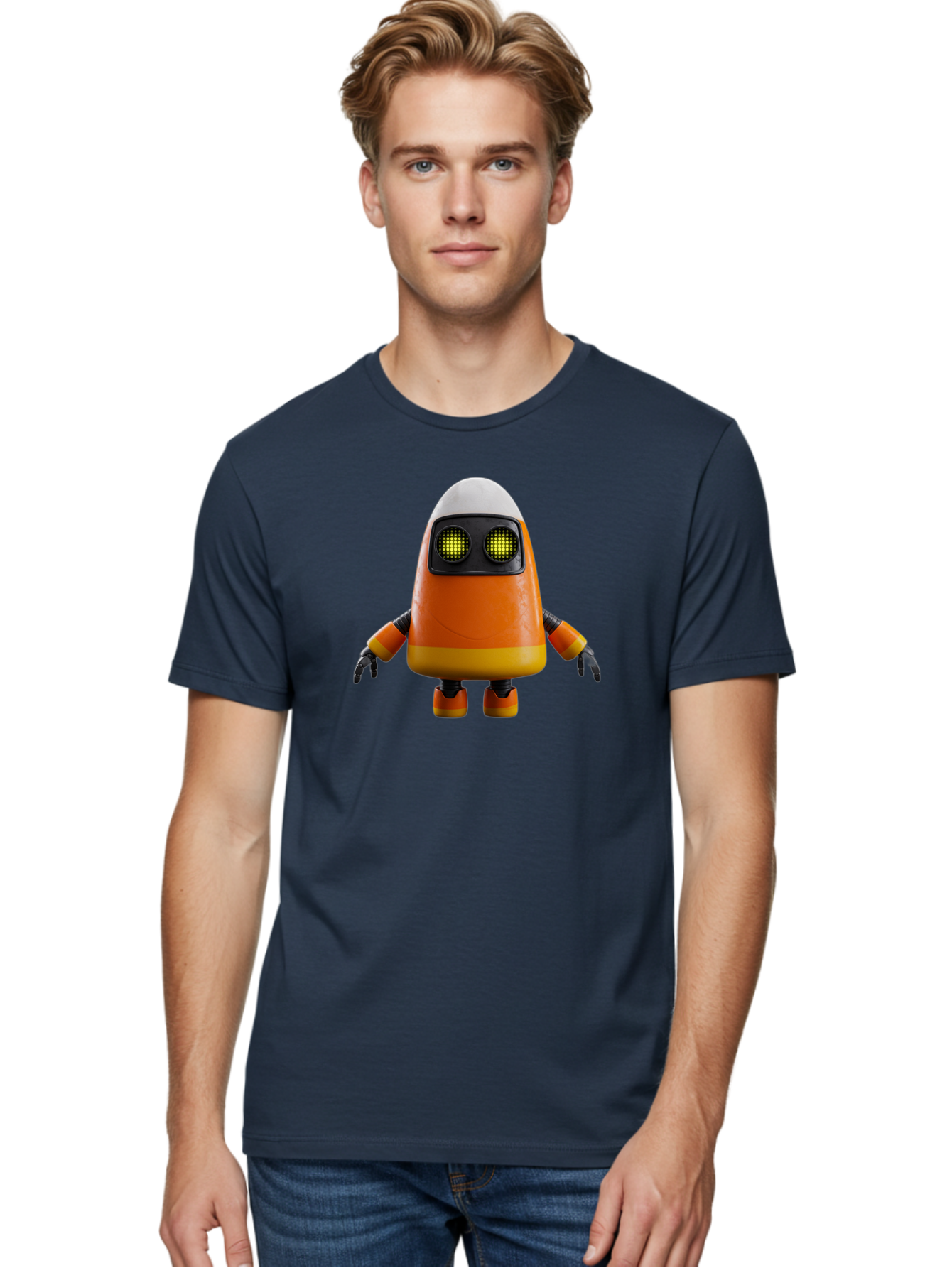 Orange-Robot Men'S Graphic Tee, 100% Cotton, Comfortable Casual Summer Wear, Machine Washable, Orange Robot, Futuristic Design, Robotic Character, Artificial Intelligence, Mechanical Limbs, Glowing Eyes, Digital Artwork, Sci-Fi Theme, Bad388