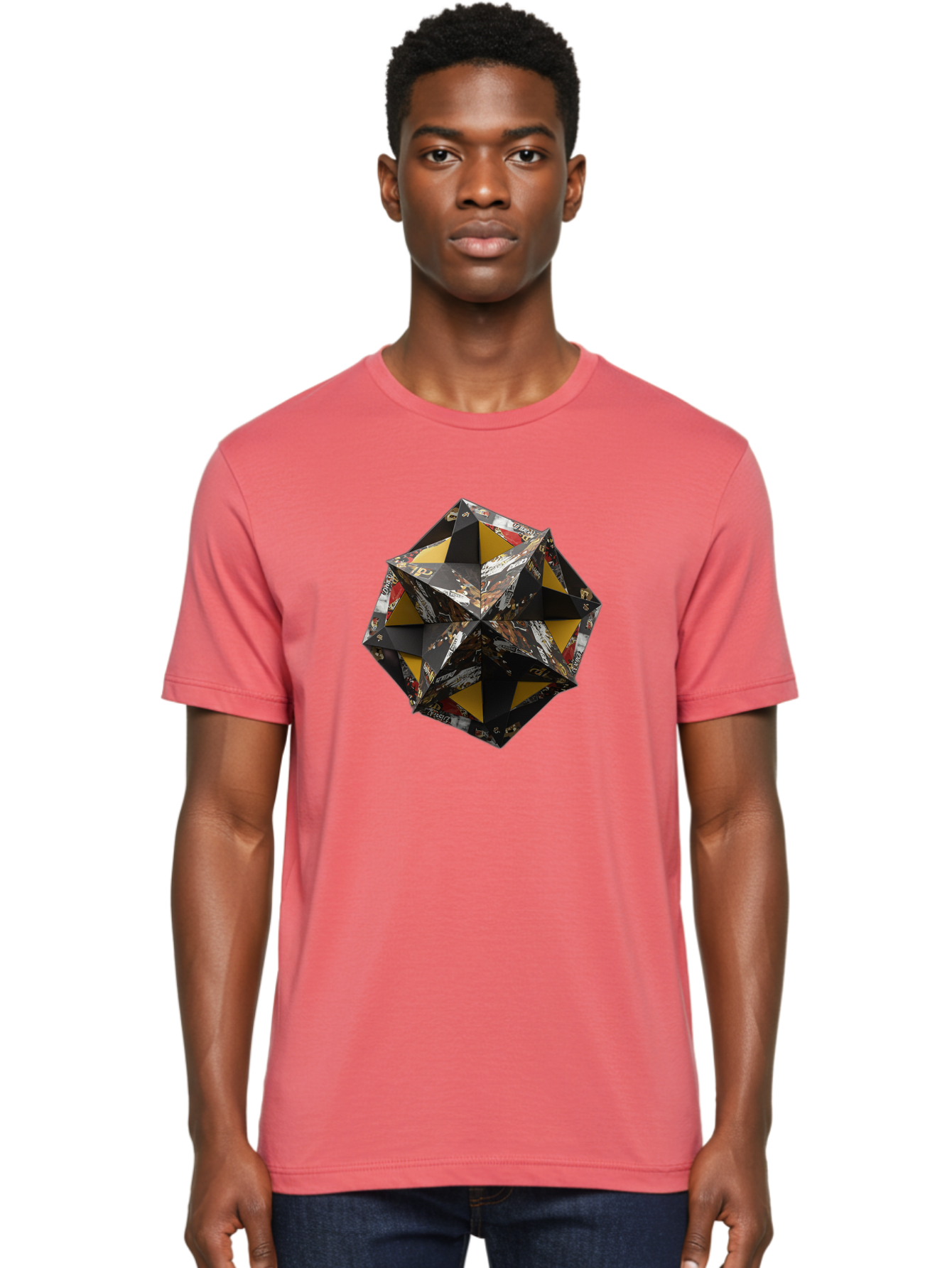 Origami-Star Men'S Graphic Tee, 100% Cotton, Comfortable Casual Summer Wear, Machine Washable, Origami Art, Folded Paper, Geometric Shape, Star Design, Yellow And Black Colors, Intricate Patterns, Creative Decoration, Festive Decor, Bad389