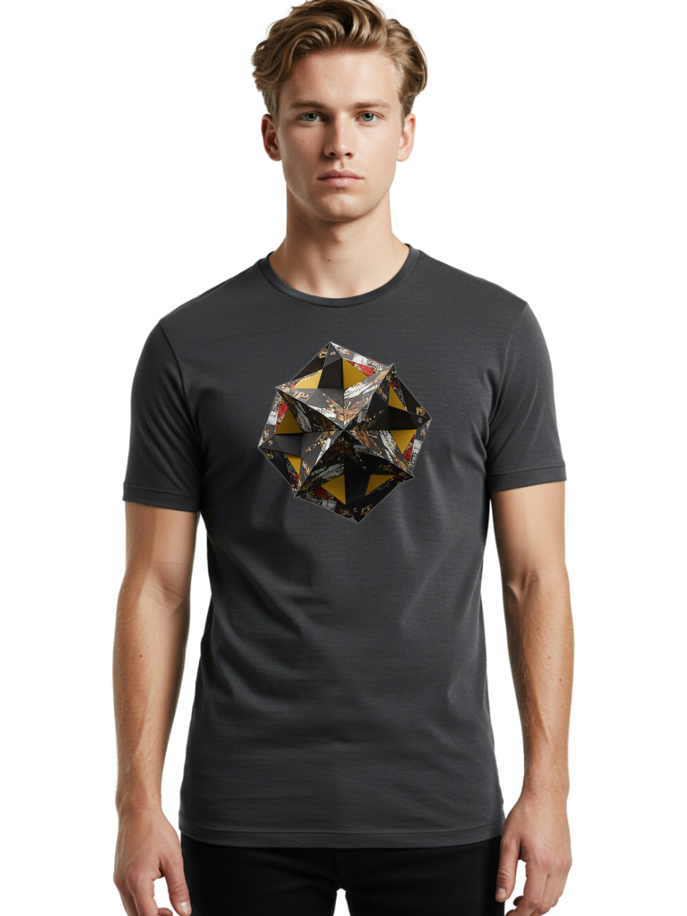 Origami-Star Men'S Graphic Tee, 100% Cotton, Comfortable Casual Summer Wear, Machine Washable, Origami Art, Folded Paper, Geometric Shape, Star Design, Yellow And Black Colors, Intricate Patterns, Creative Decoration, Festive Decor, Bad389