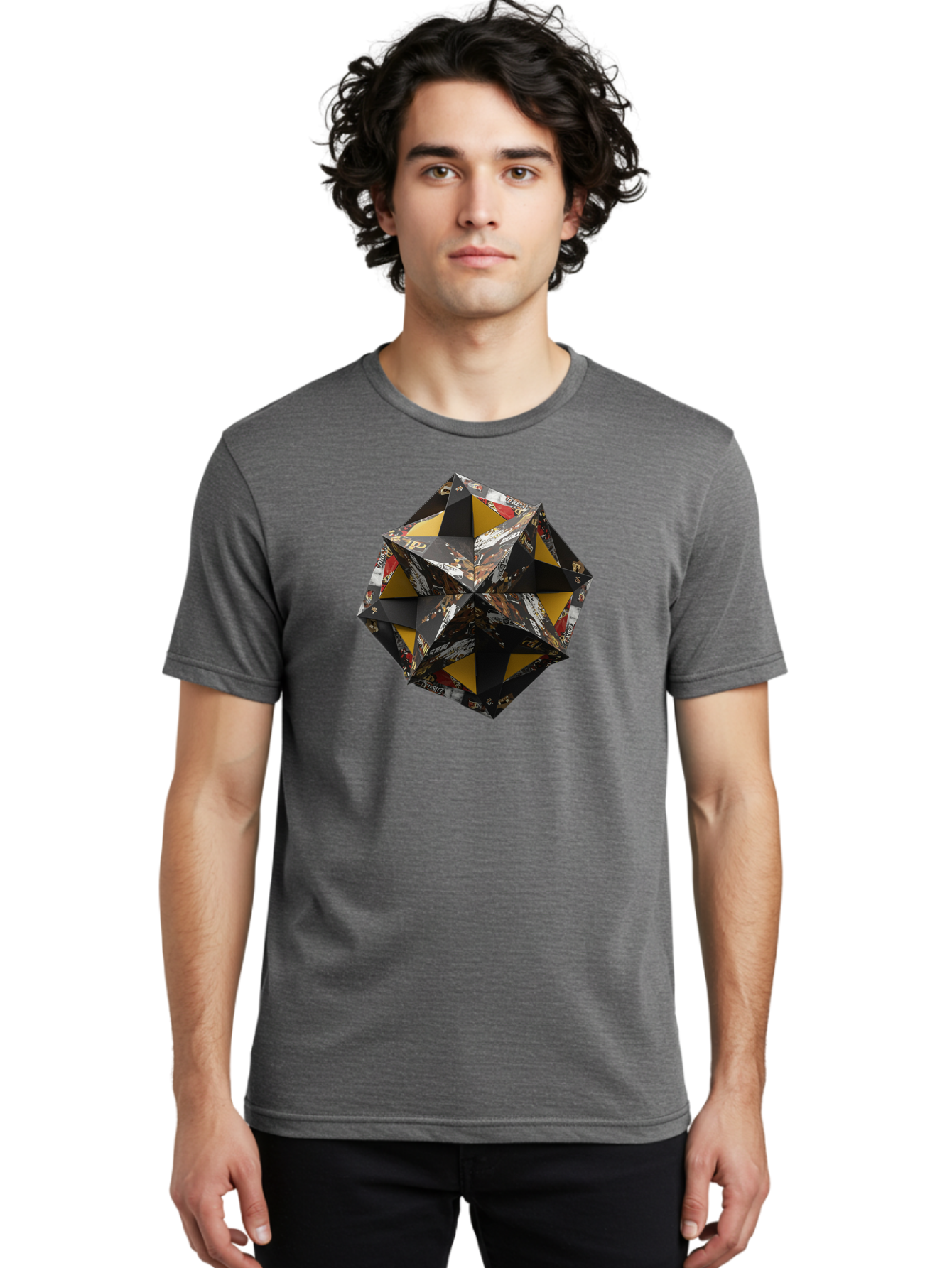 Origami-Star Men'S Graphic Tee, 100% Cotton, Comfortable Casual Summer Wear, Machine Washable, Origami Art, Folded Paper, Geometric Shape, Star Design, Yellow And Black Colors, Intricate Patterns, Creative Decoration, Festive Decor, Bad389