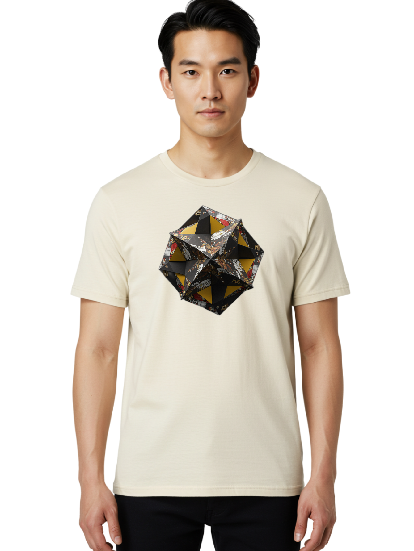 Origami-Star Men'S Graphic Tee, 100% Cotton, Comfortable Casual Summer Wear, Machine Washable, Origami Art, Folded Paper, Geometric Shape, Star Design, Yellow And Black Colors, Intricate Patterns, Creative Decoration, Festive Decor, Bad389