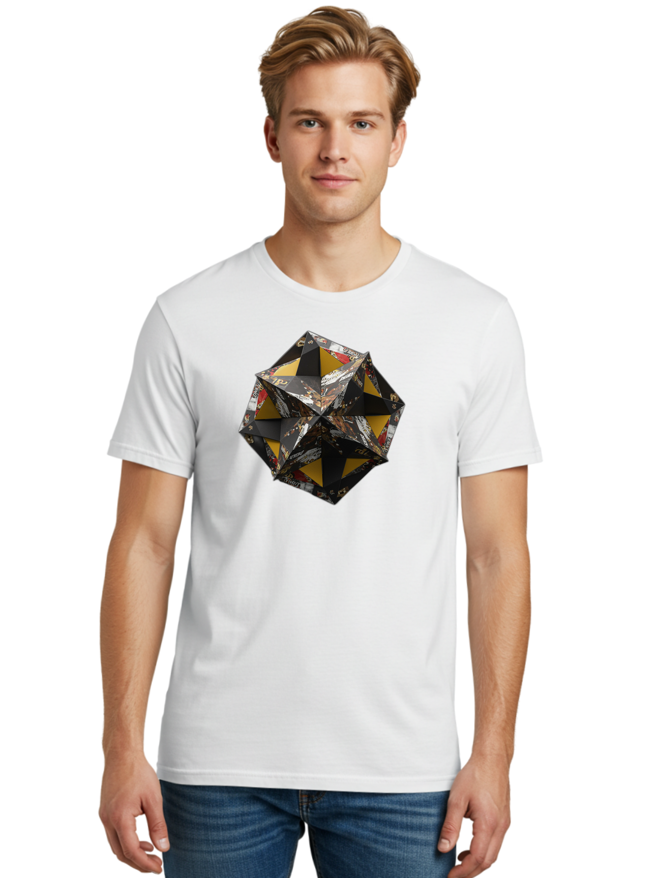 Origami-Star Men'S Graphic Tee, 100% Cotton, Comfortable Casual Summer Wear, Machine Washable, Origami Art, Folded Paper, Geometric Shape, Star Design, Yellow And Black Colors, Intricate Patterns, Creative Decoration, Festive Decor, Bad389