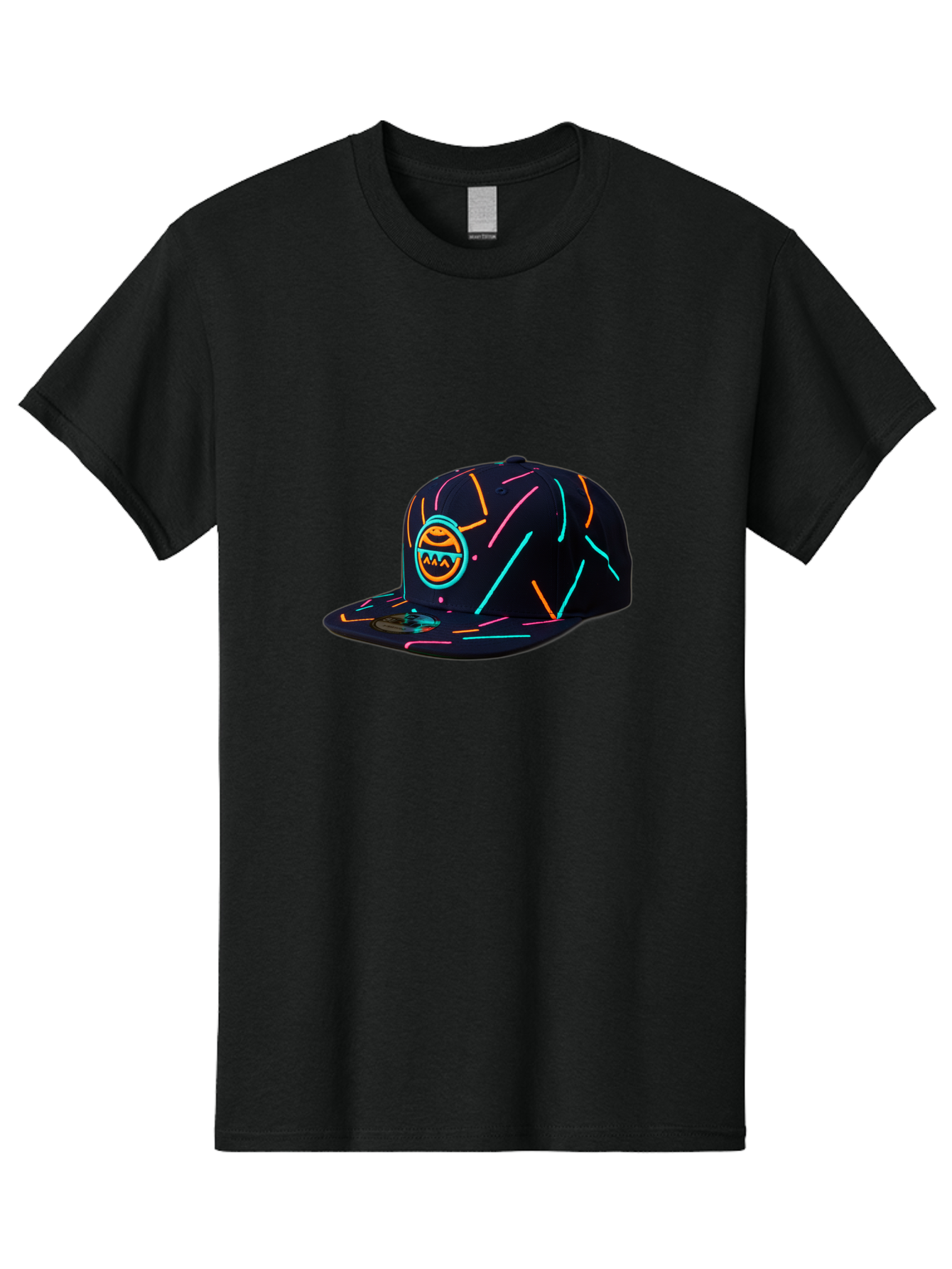 Pacman-Baseball-Cap Men'S Graphic Tee, 100% Cotton, Comfortable Casual Summer Wear, Machine Washable, Black Baseball Cap, Neon Lines, Neon Logo, Streetwear Fashion, Casual Style, Baseball Cap Design, Trendy Accessory, Neon Light, Orange, Blue, Bad390