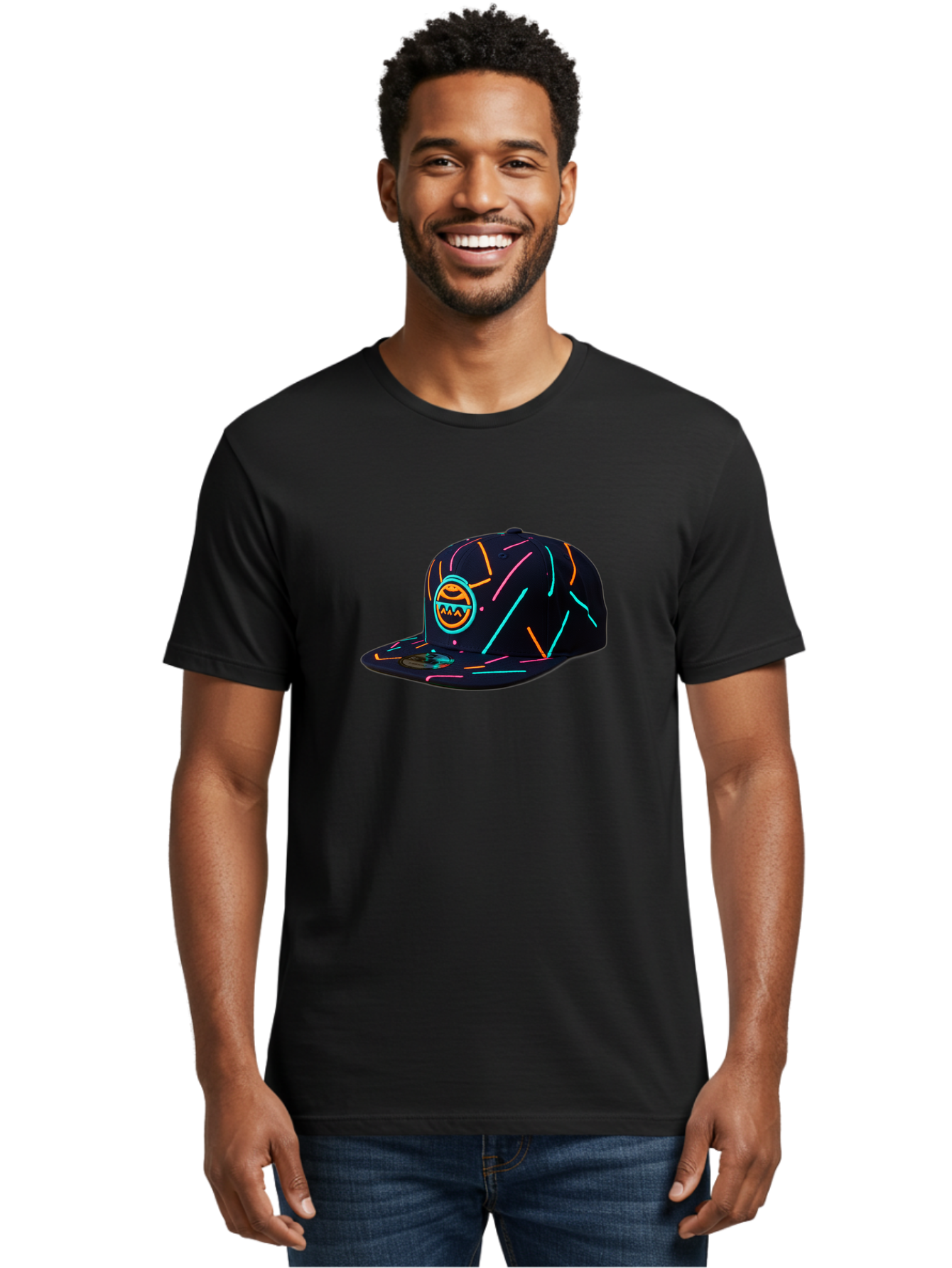 Pacman-Baseball-Cap Men'S Graphic Tee, 100% Cotton, Comfortable Casual Summer Wear, Machine Washable, Black Baseball Cap, Neon Lines, Neon Logo, Streetwear Fashion, Casual Style, Baseball Cap Design, Trendy Accessory, Neon Light, Orange, Blue, Bad390