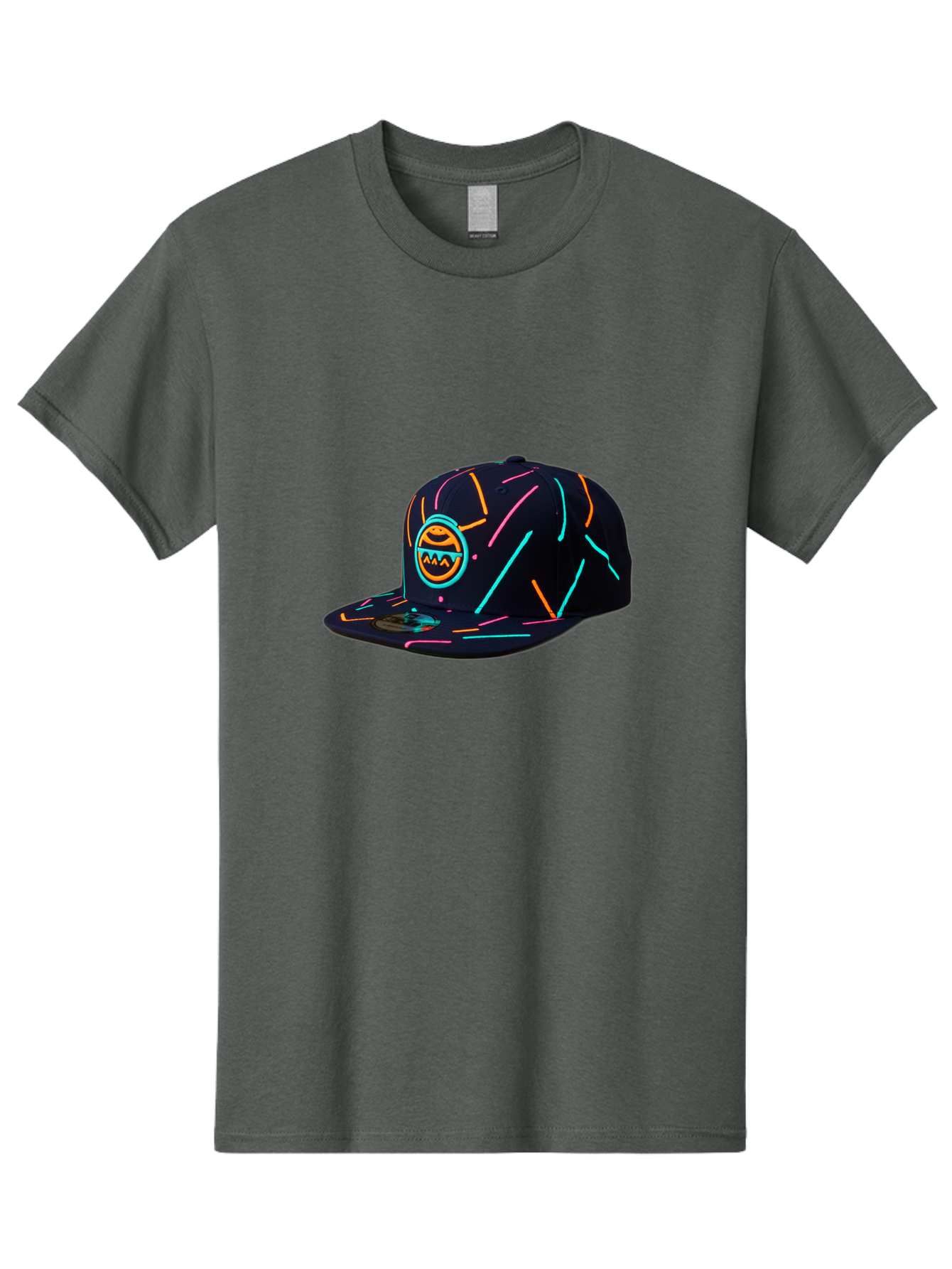 Pacman-Baseball-Cap Men'S Graphic Tee, 100% Cotton, Comfortable Casual Summer Wear, Machine Washable, Black Baseball Cap, Neon Lines, Neon Logo, Streetwear Fashion, Casual Style, Baseball Cap Design, Trendy Accessory, Neon Light, Orange, Blue, Bad390