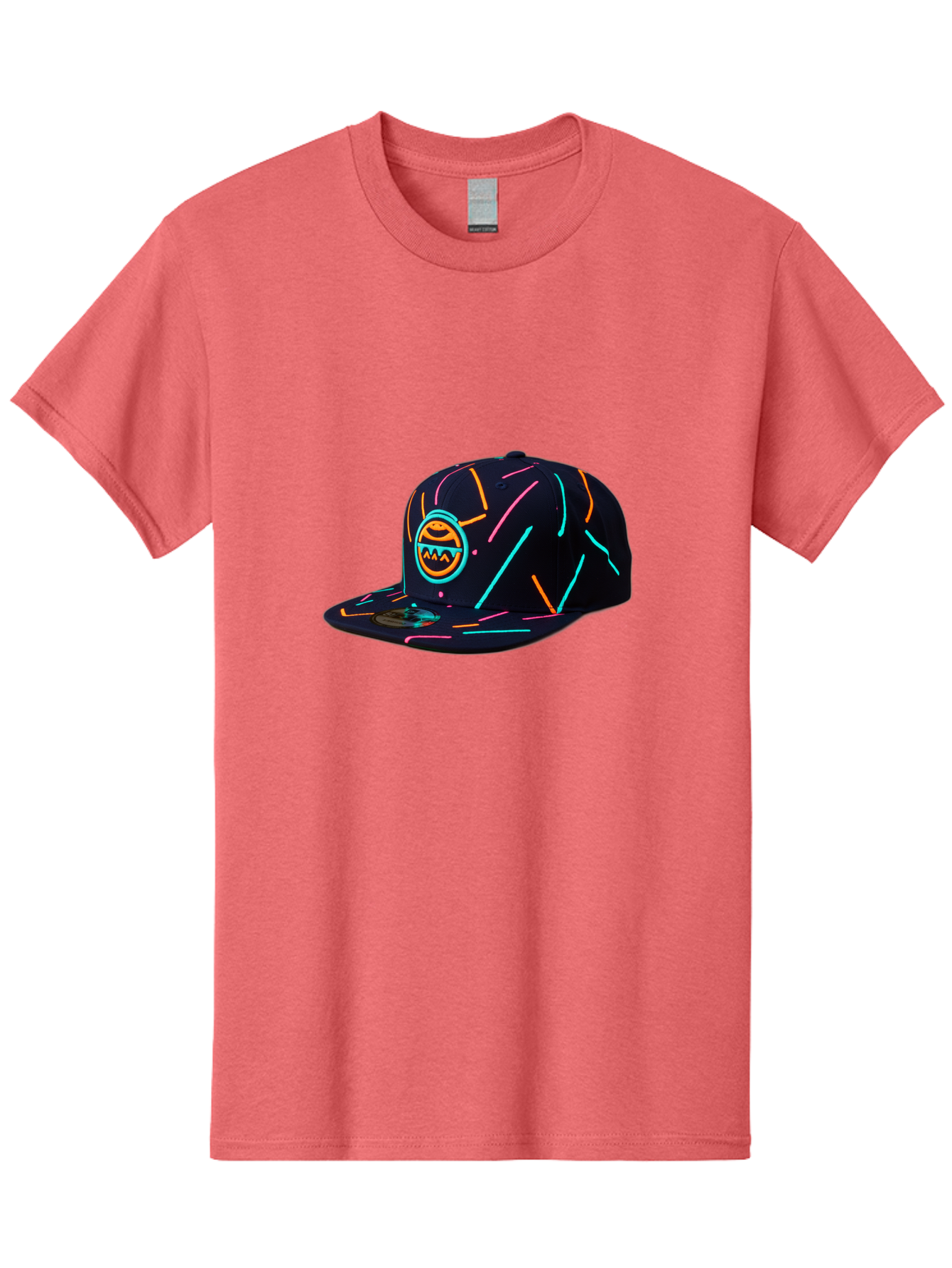 Pacman-Baseball-Cap Men'S Graphic Tee, 100% Cotton, Comfortable Casual Summer Wear, Machine Washable, Black Baseball Cap, Neon Lines, Neon Logo, Streetwear Fashion, Casual Style, Baseball Cap Design, Trendy Accessory, Neon Light, Orange, Blue, Bad390