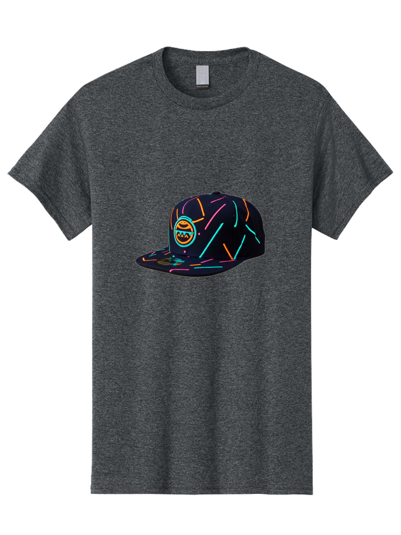 Pacman-Baseball-Cap Men'S Graphic Tee, 100% Cotton, Comfortable Casual Summer Wear, Machine Washable, Black Baseball Cap, Neon Lines, Neon Logo, Streetwear Fashion, Casual Style, Baseball Cap Design, Trendy Accessory, Neon Light, Orange, Blue, Bad390