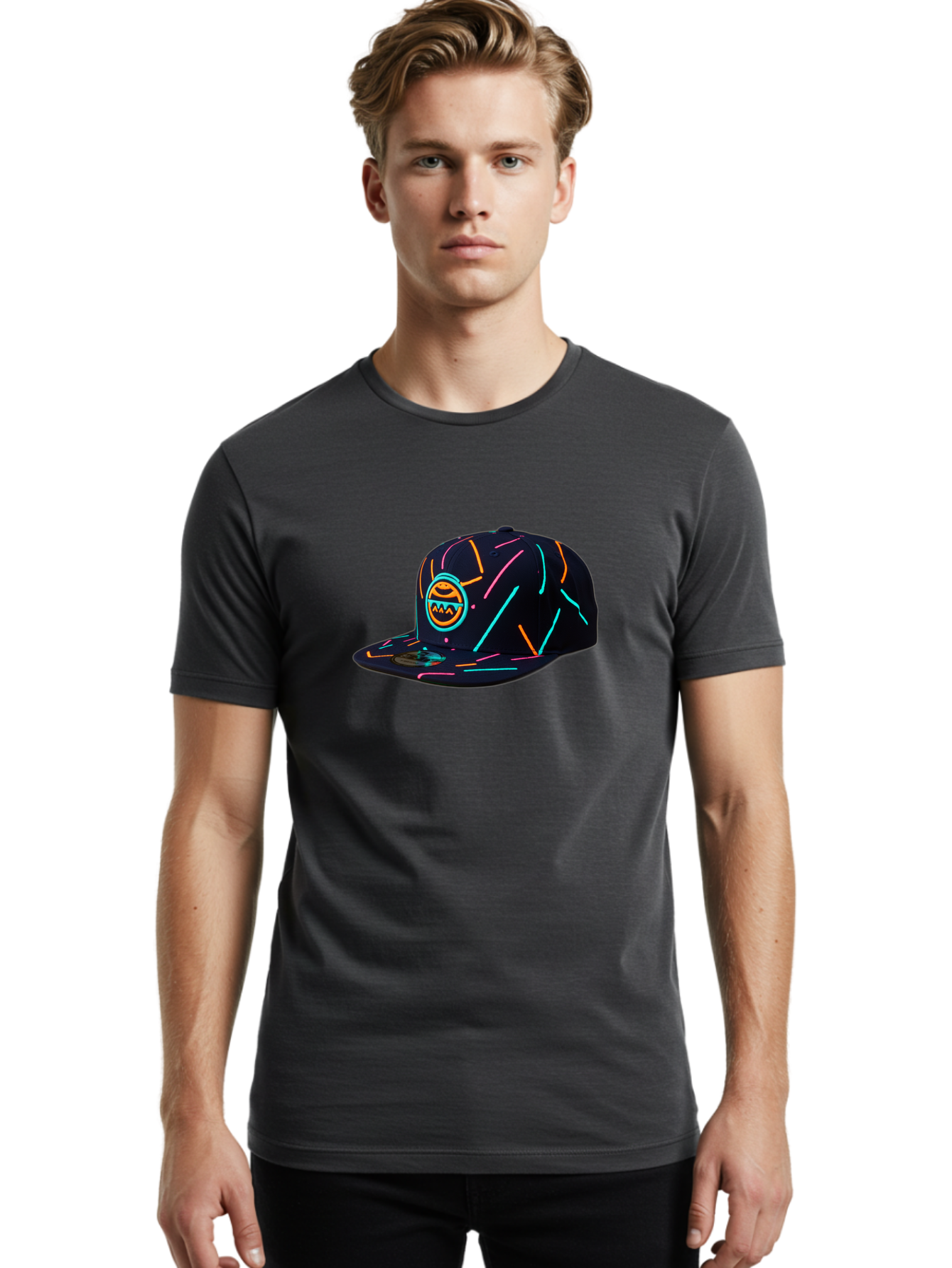 Pacman-Baseball-Cap Men'S Graphic Tee, 100% Cotton, Comfortable Casual Summer Wear, Machine Washable, Black Baseball Cap, Neon Lines, Neon Logo, Streetwear Fashion, Casual Style, Baseball Cap Design, Trendy Accessory, Neon Light, Orange, Blue, Bad390