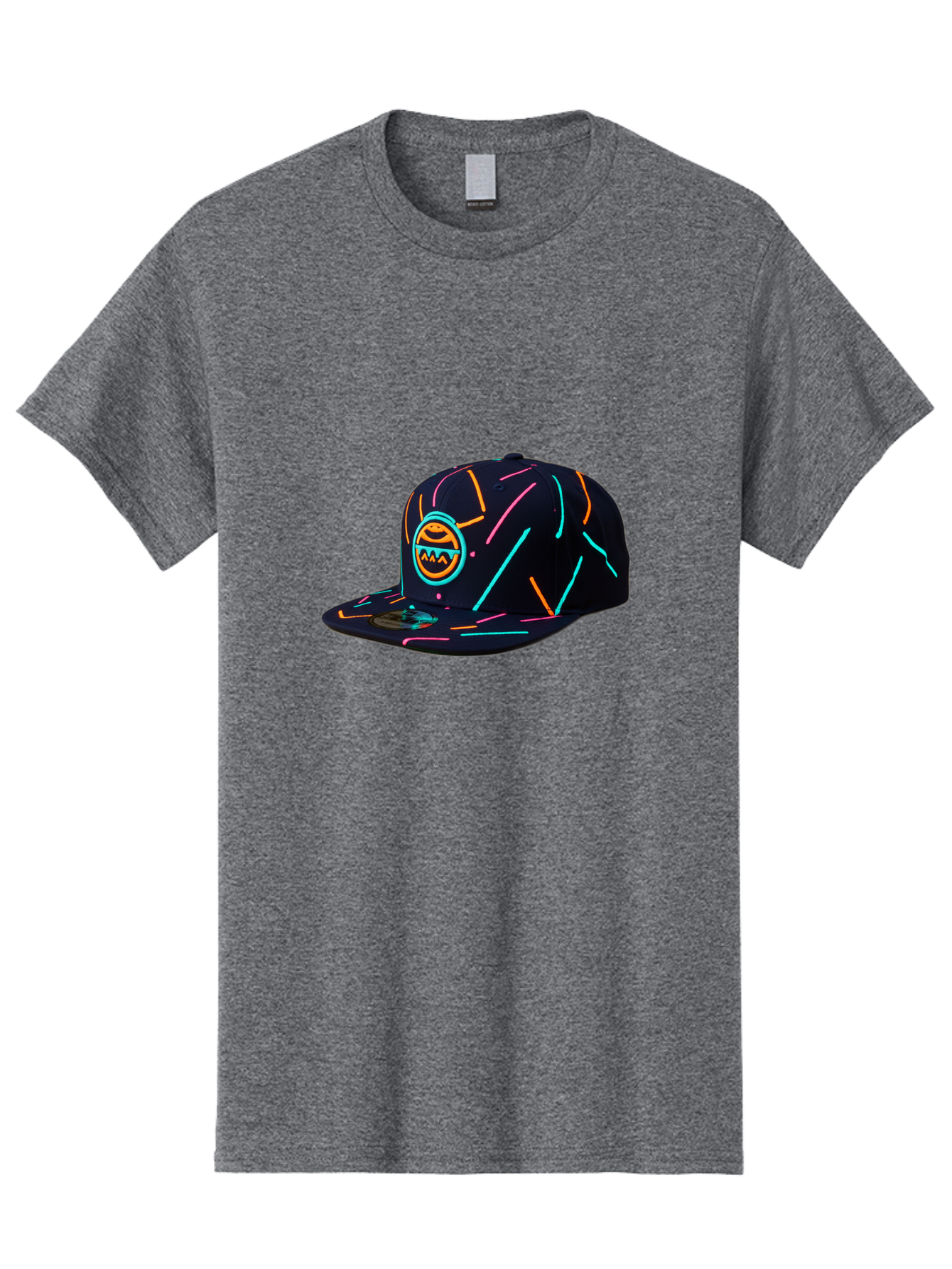 Pacman-Baseball-Cap Men'S Graphic Tee, 100% Cotton, Comfortable Casual Summer Wear, Machine Washable, Black Baseball Cap, Neon Lines, Neon Logo, Streetwear Fashion, Casual Style, Baseball Cap Design, Trendy Accessory, Neon Light, Orange, Blue, Bad390