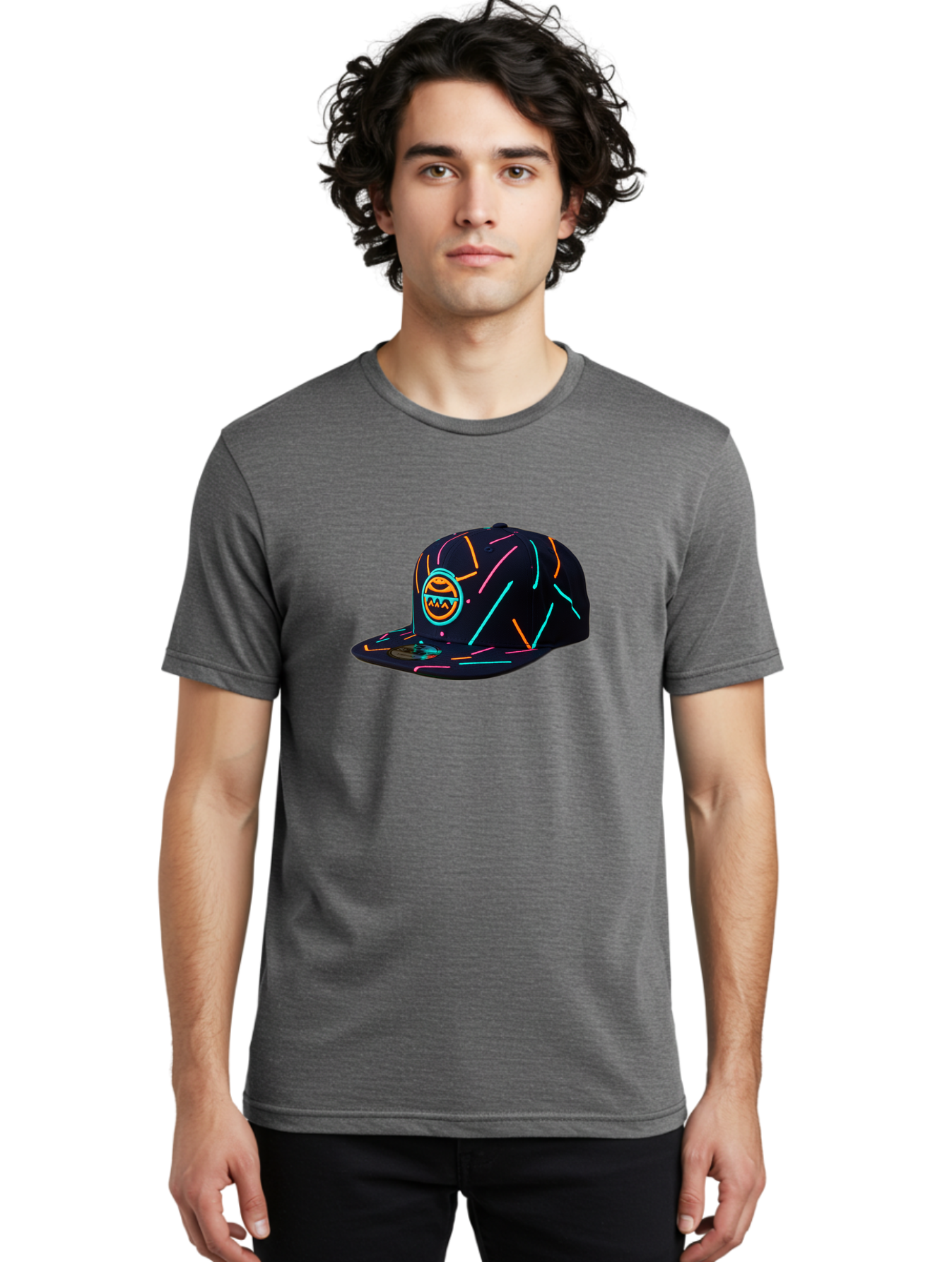 Pacman-Baseball-Cap Men'S Graphic Tee, 100% Cotton, Comfortable Casual Summer Wear, Machine Washable, Black Baseball Cap, Neon Lines, Neon Logo, Streetwear Fashion, Casual Style, Baseball Cap Design, Trendy Accessory, Neon Light, Orange, Blue, Bad390